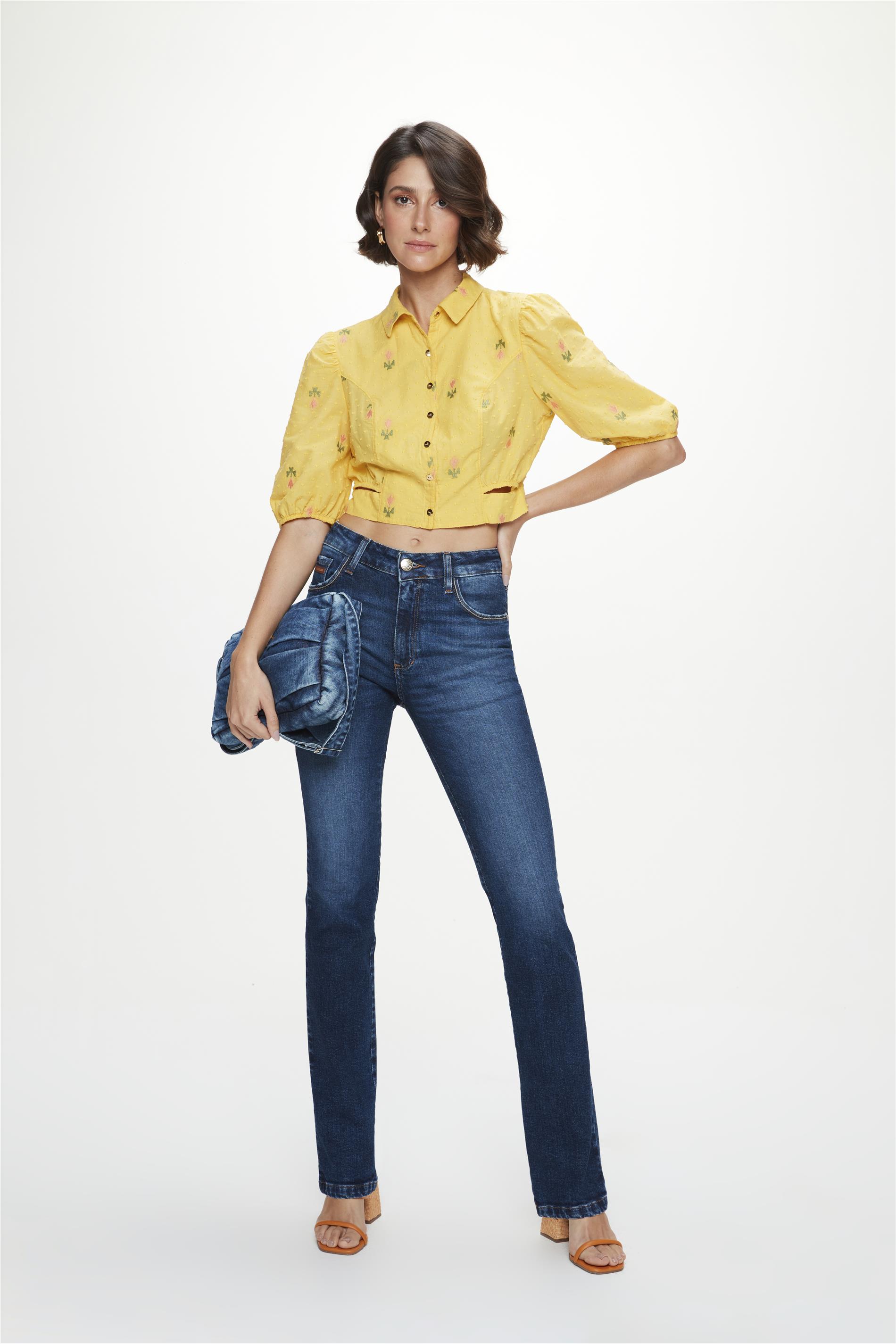 Calça Jeans Escuro Reta Marcações Leves