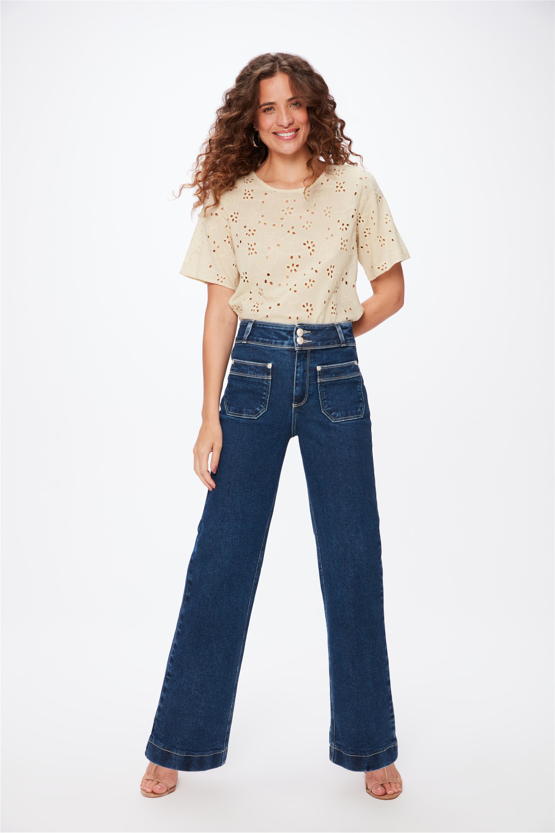 Calça Jeans Wide Leg com Bolsos Frontais