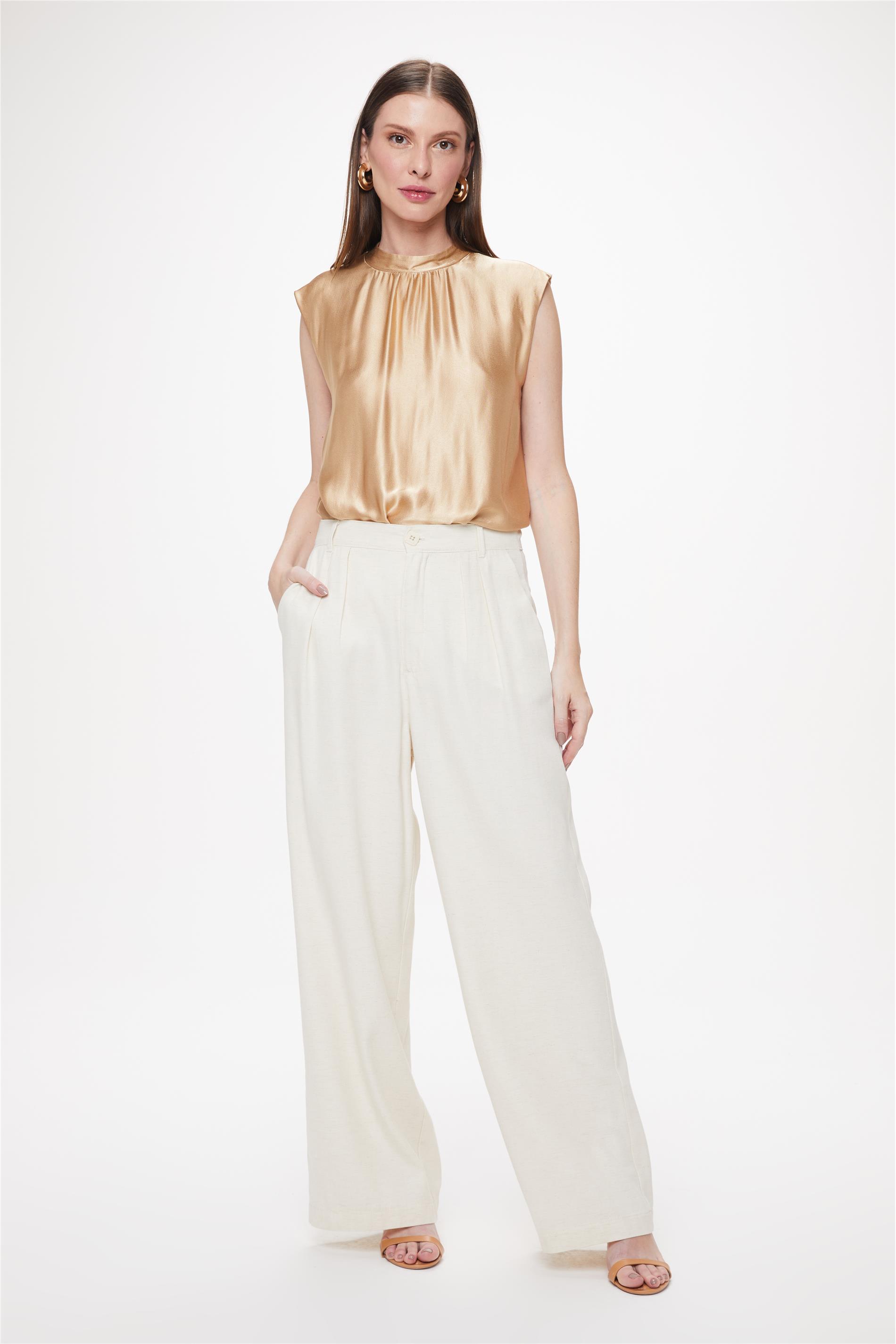 Calça Pantalona de Algodão e Linho