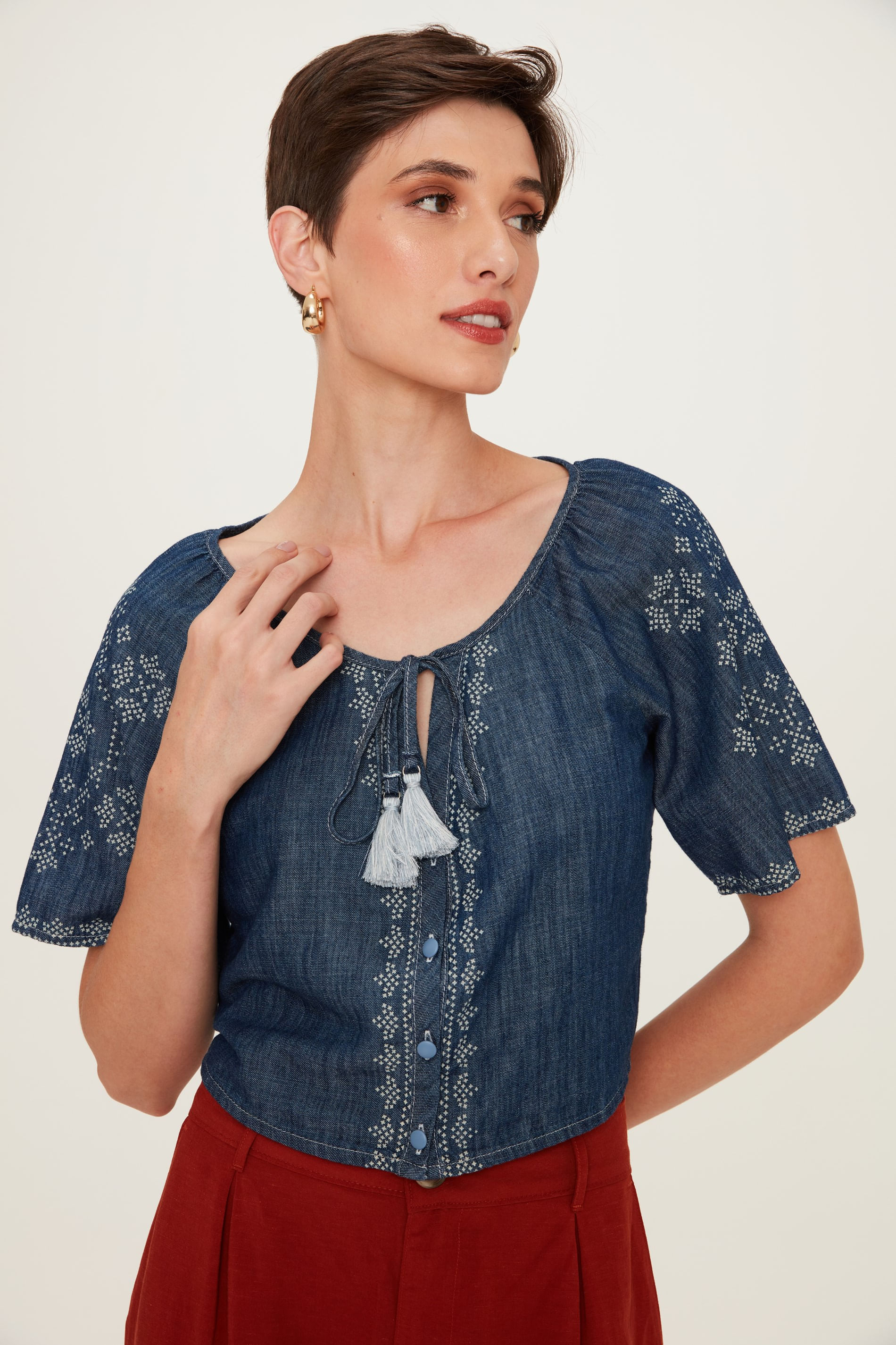 Blusa Jeans com Estampa e Tassel