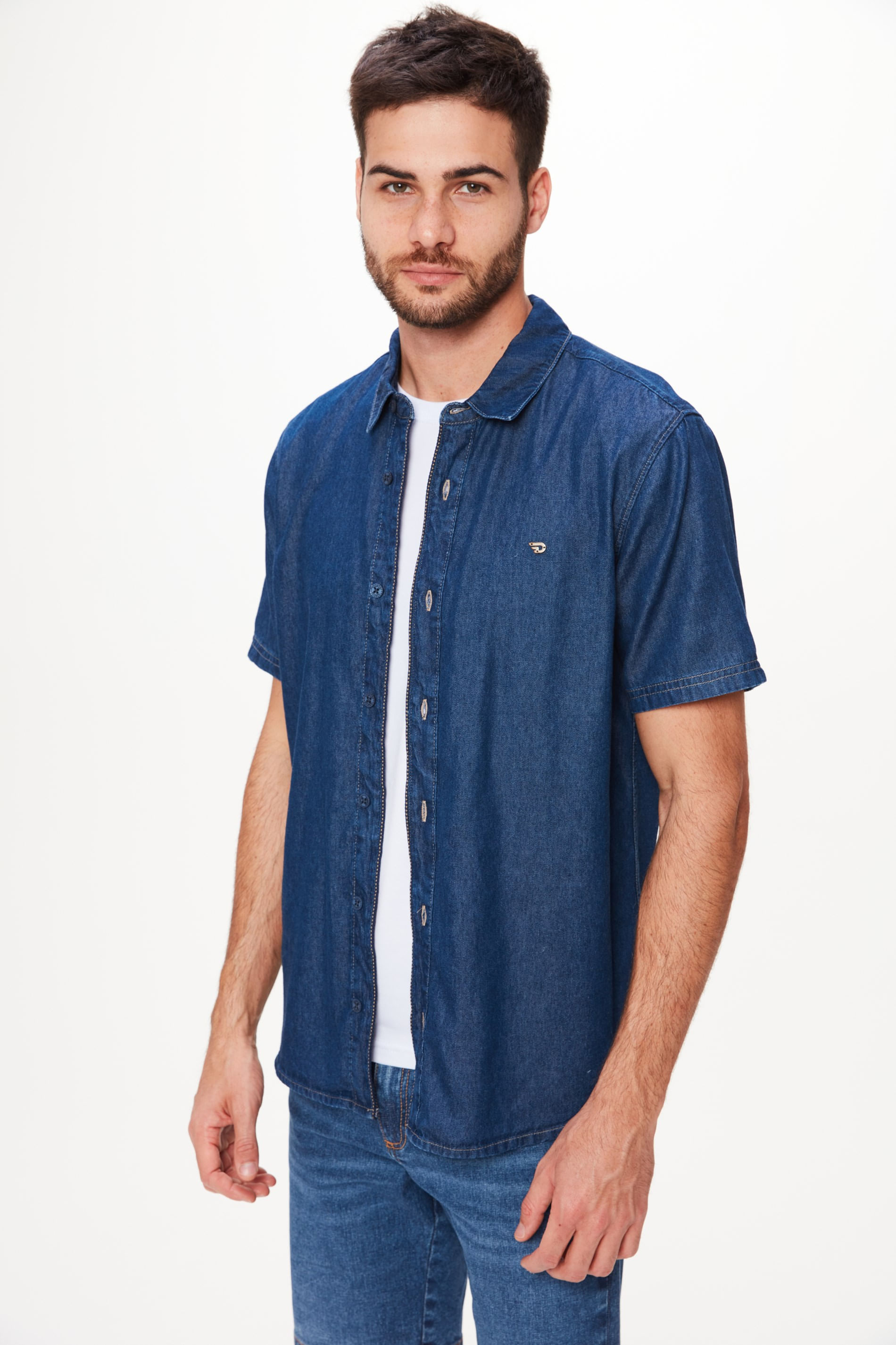 Camisa Jeans com Manga Curta e Logo