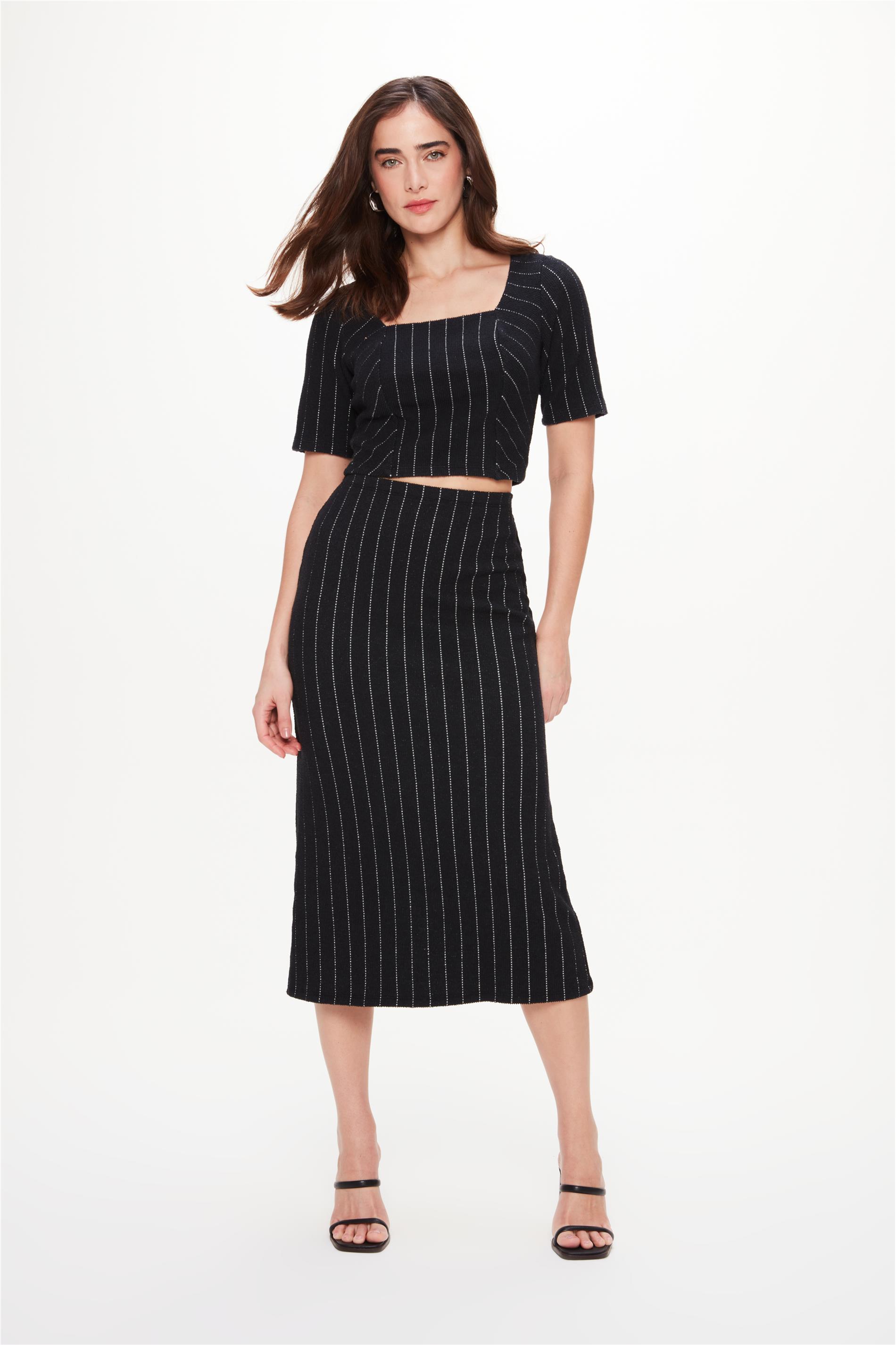 Saia Midi de Malha Estilo Risca de Giz