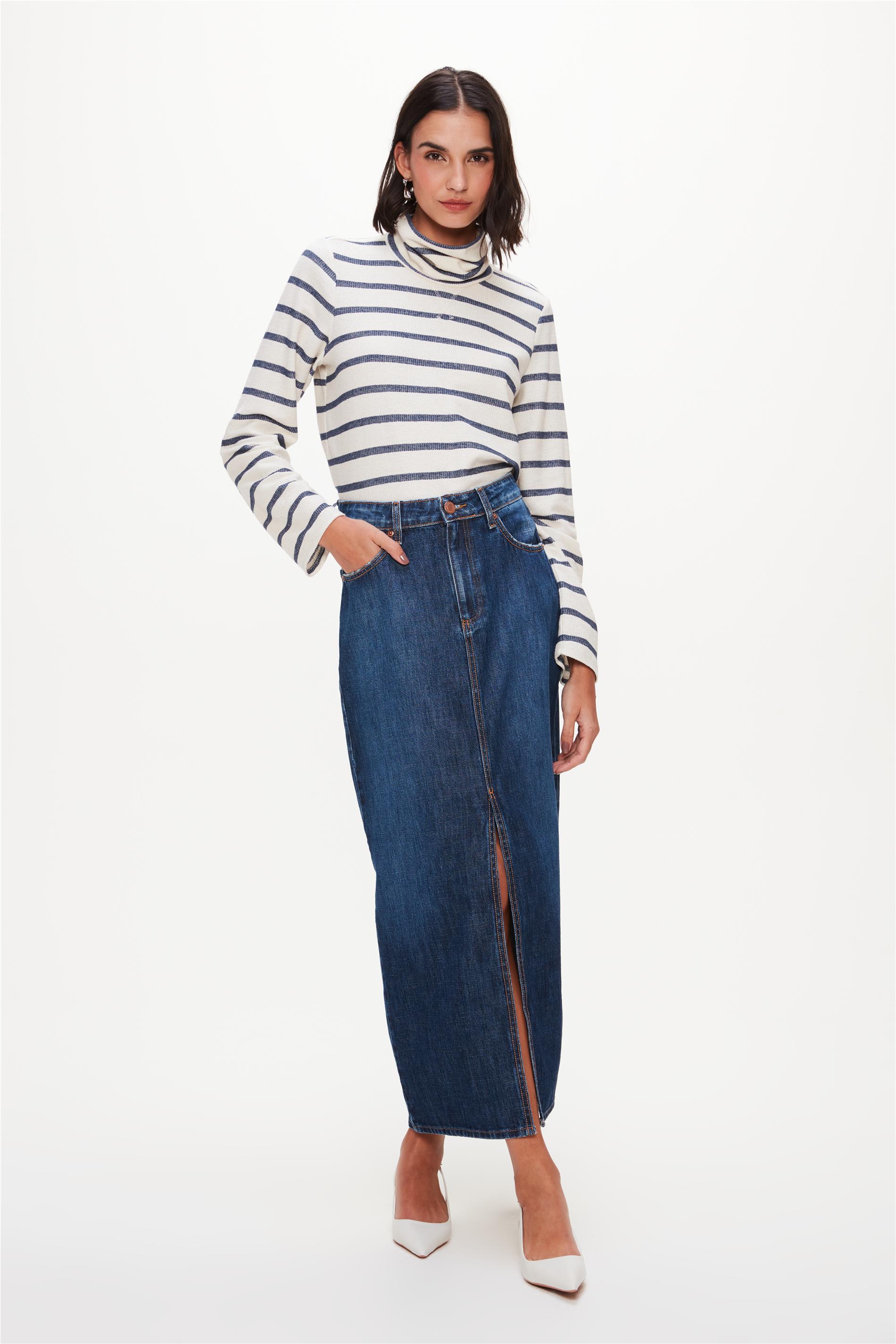 Saia Jeans Longa com Fenda Frontal