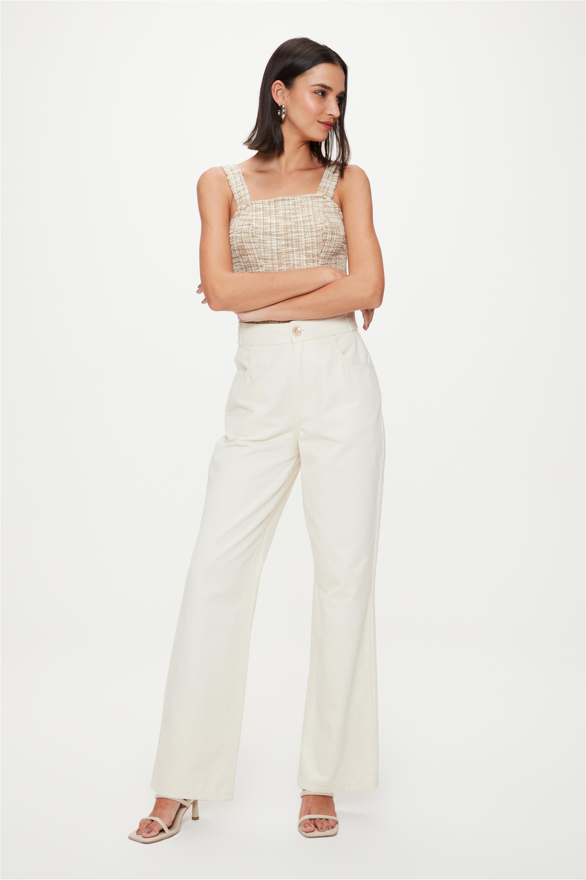 Calça de Sarja Wide Leg Off White