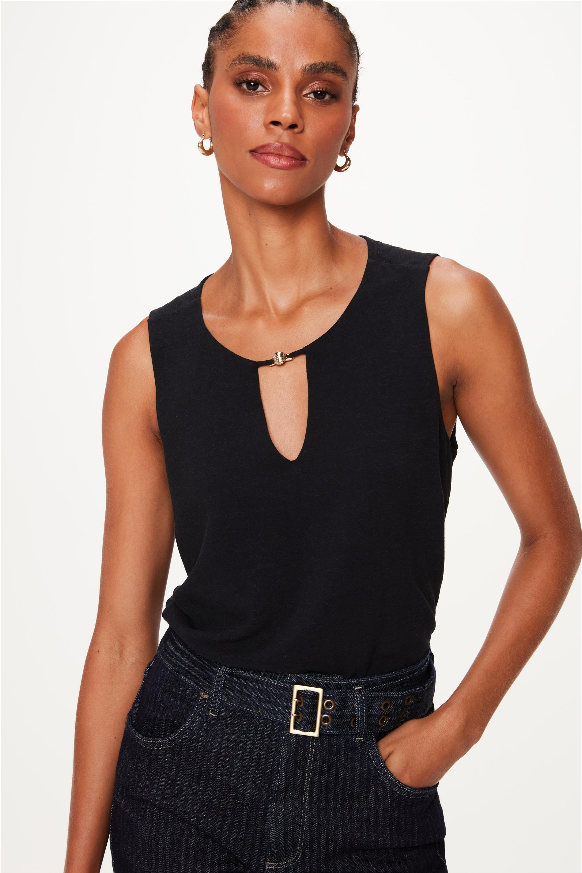 Blusa Sem Mangas de Linho e Viscose
