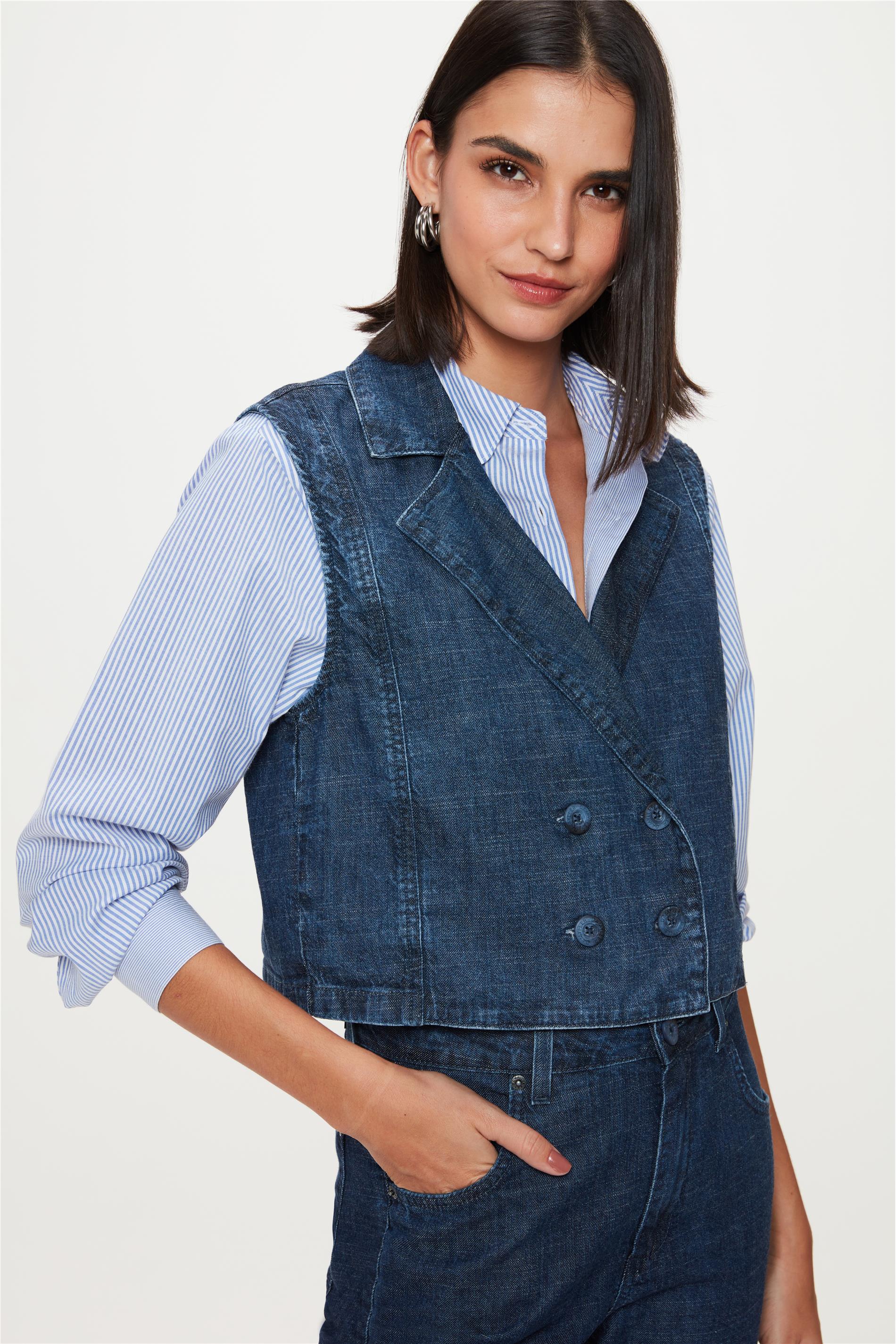 Colete Jeans com Linho e Transpasse