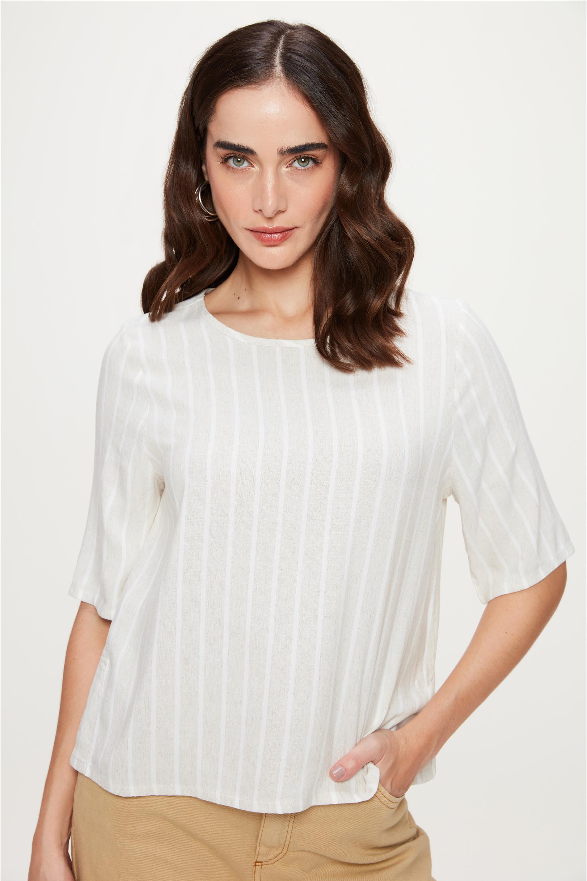 Blusa Solta Listrada de Linho e Viscose