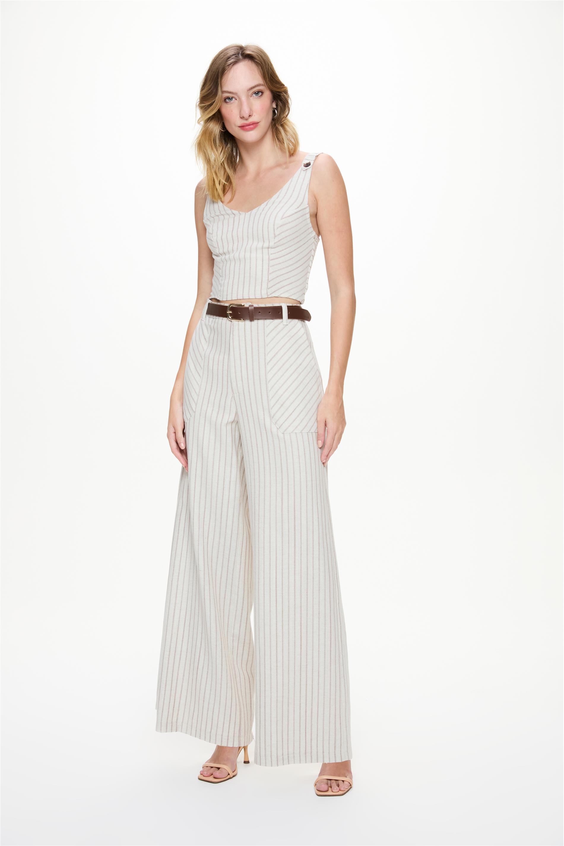 Calça Pantalona Listrada Linho G5 C1