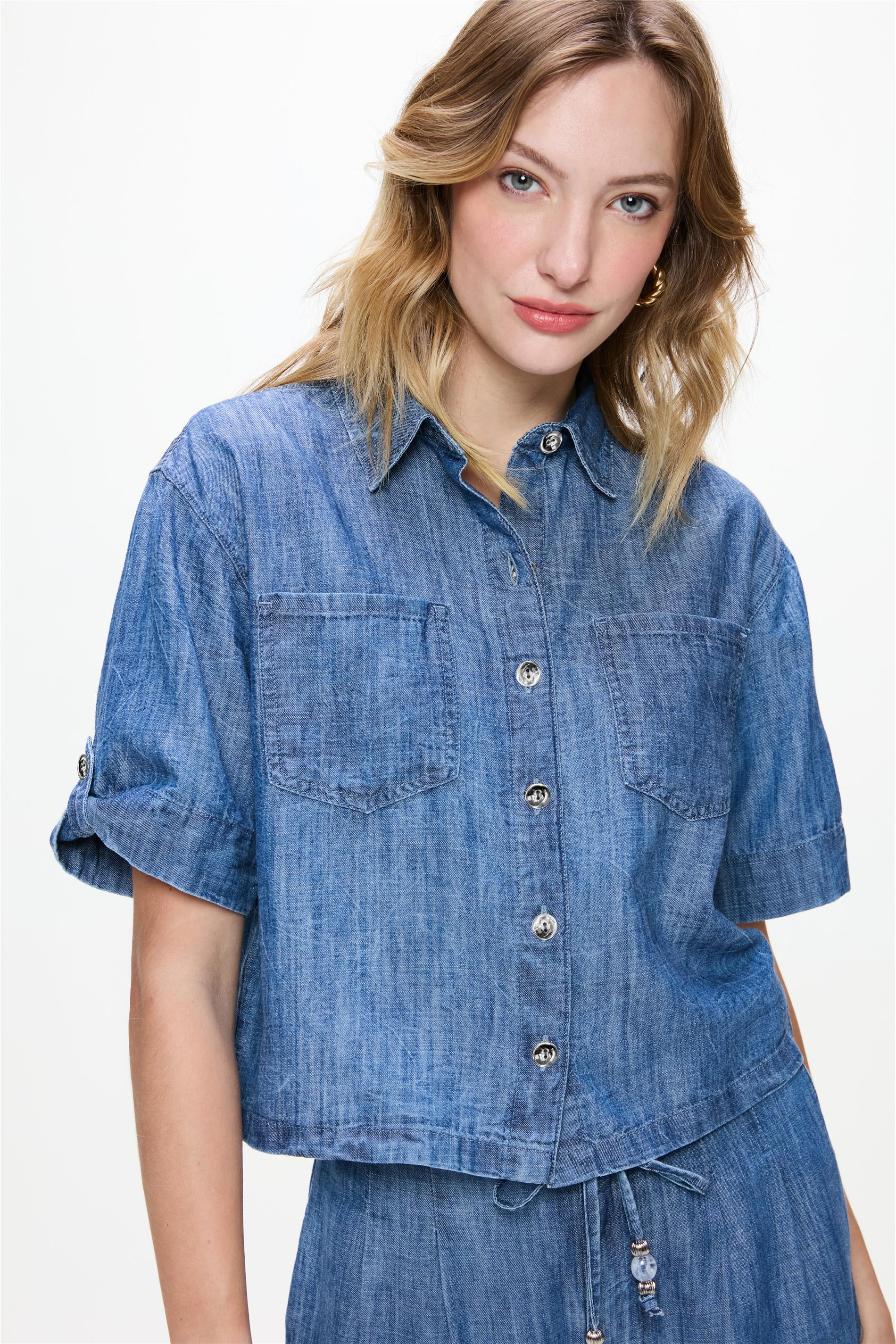 Camisa Jeans Feminina Algodão e Liocel