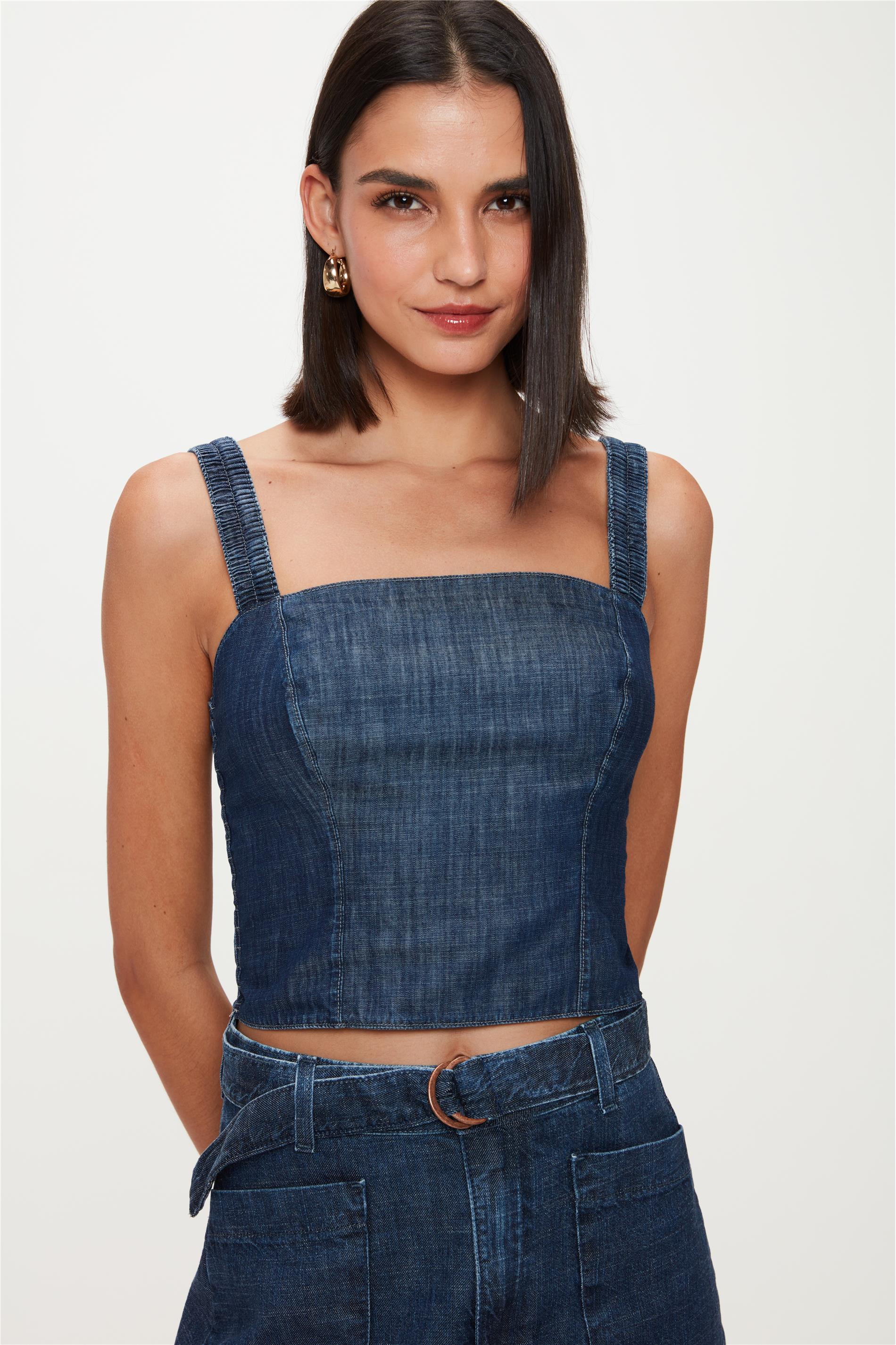 Blusa Jeans Cropped com Alças e Lastec