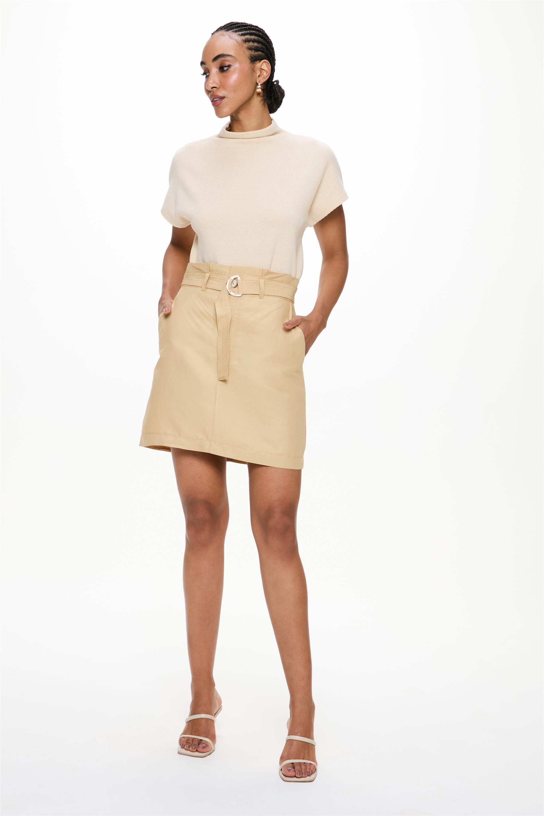 Saia Mini Viscose e Linho com Cinto