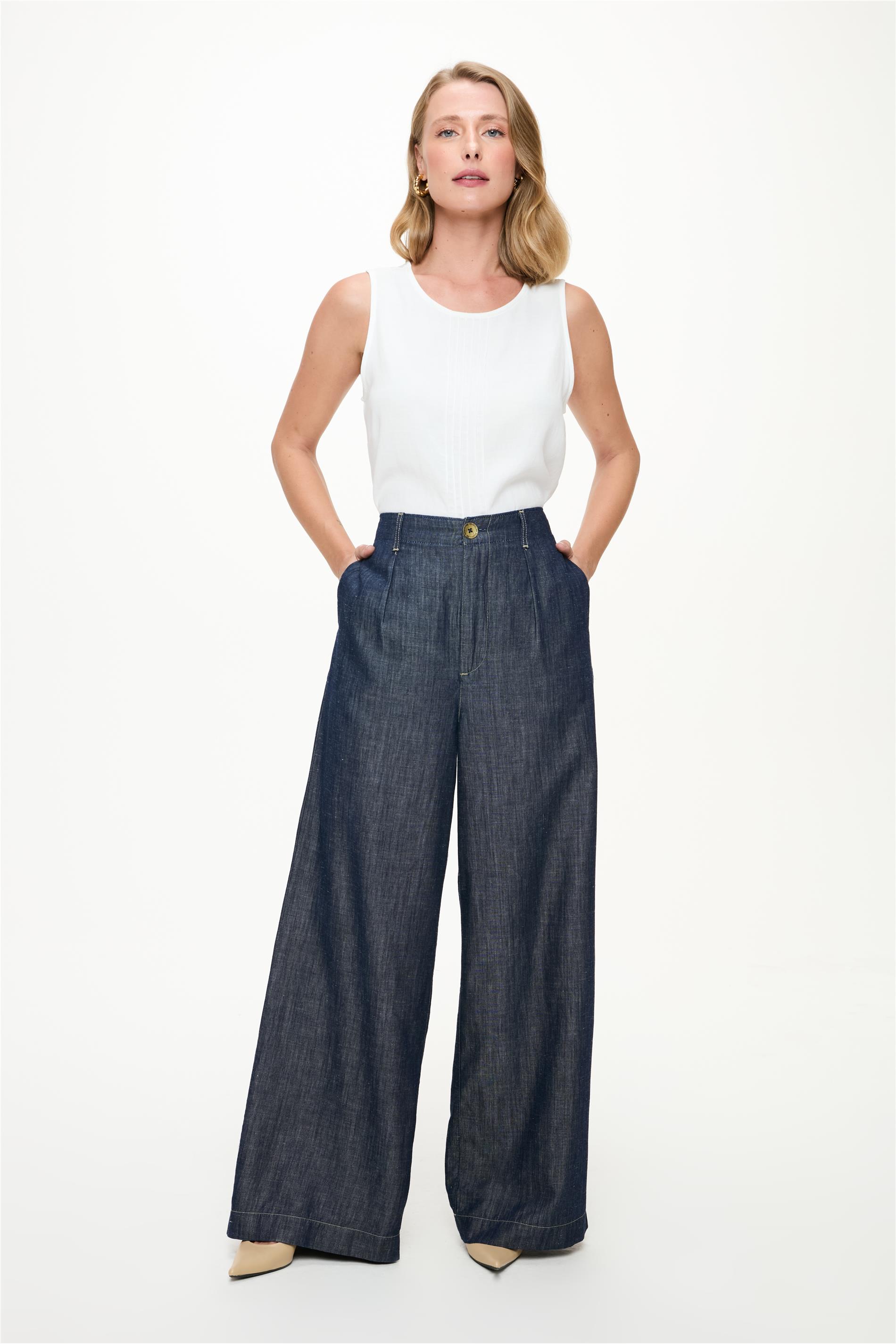 Calça Jeans Pantalona G5 C1 com Linho