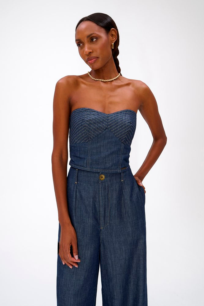 Top Jeans com Lastec e Zíper