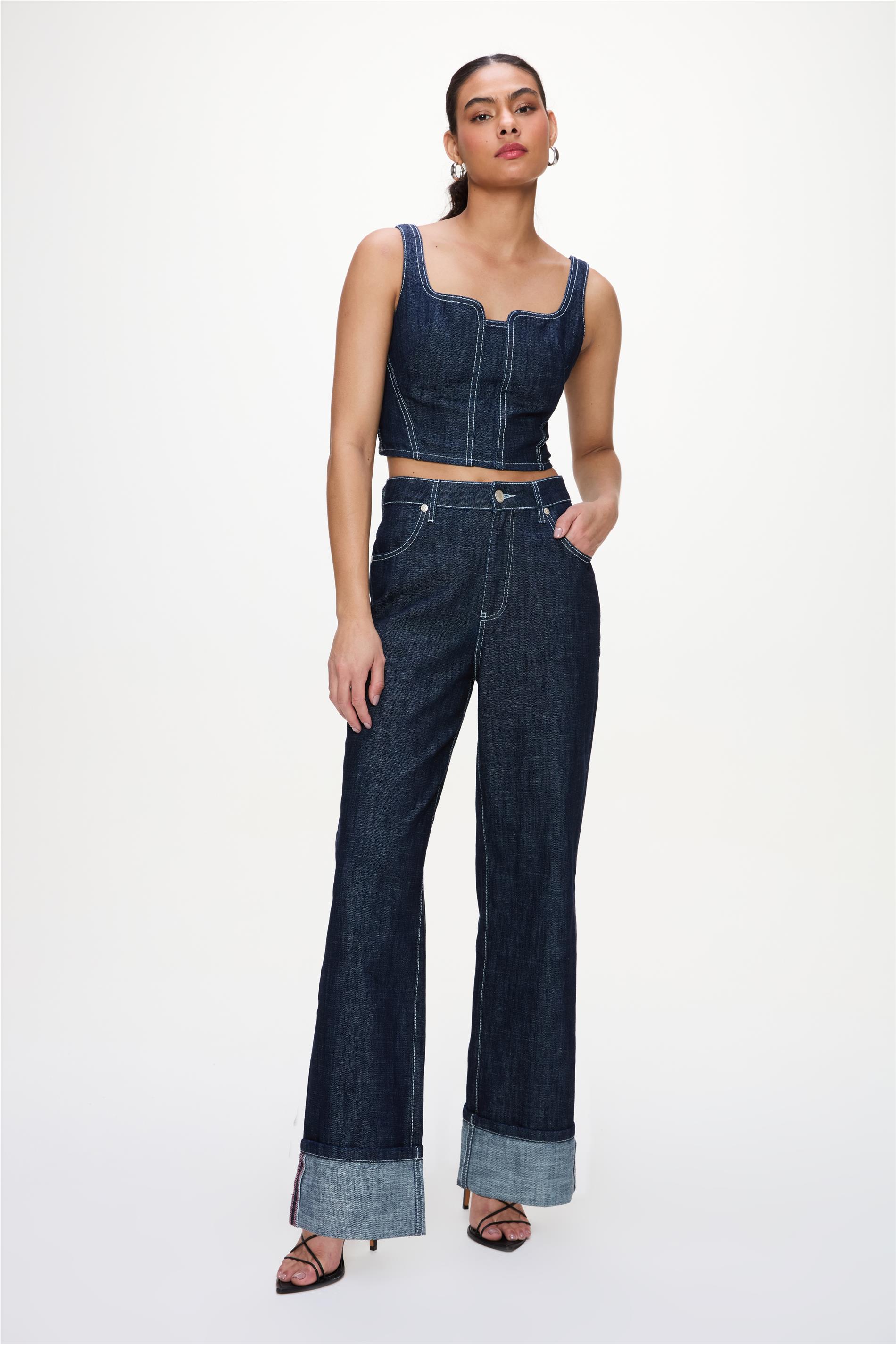 Calça Jeans Wide Leg Contraste Costuras