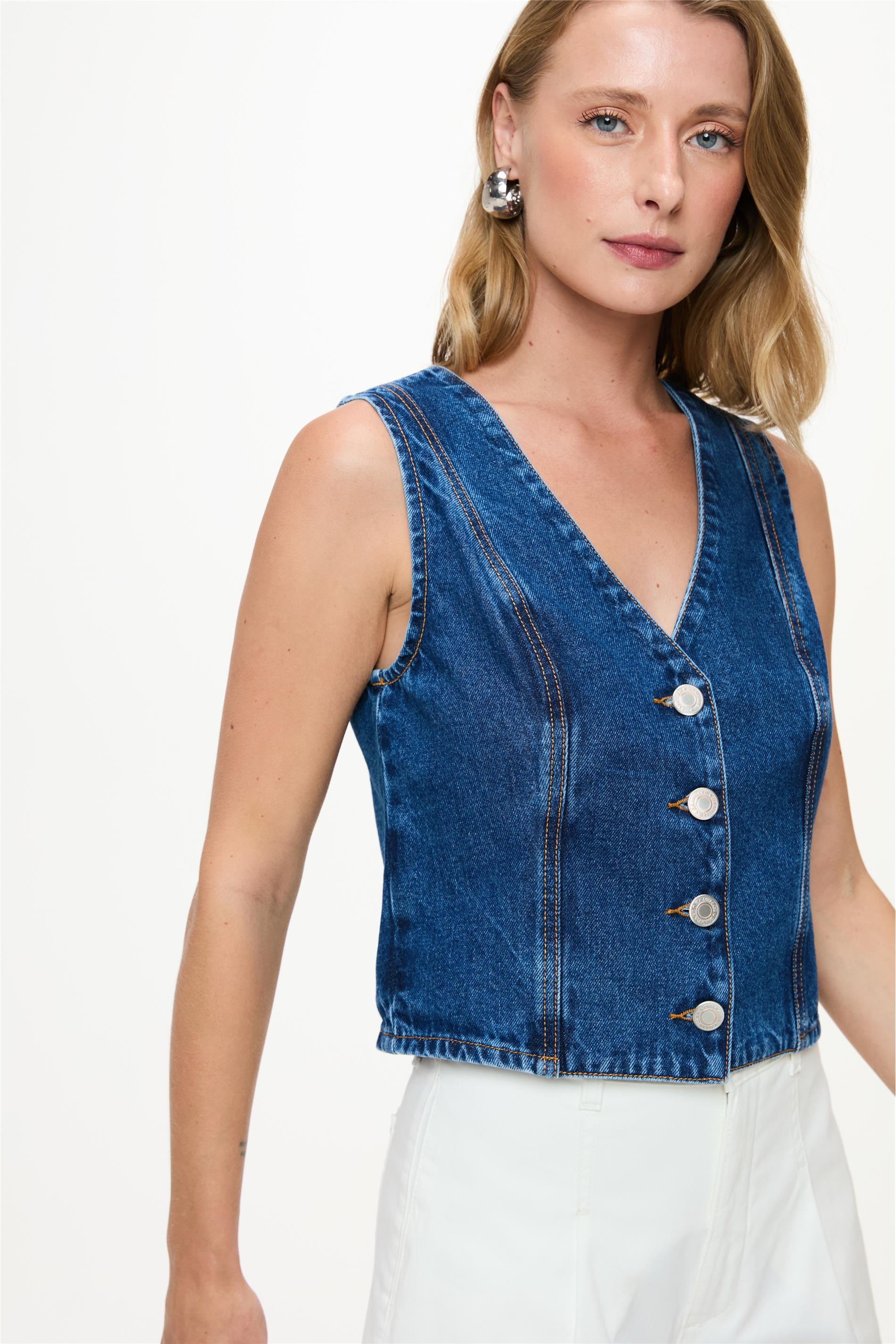 Colete Jeans com Recortes Azul Médio