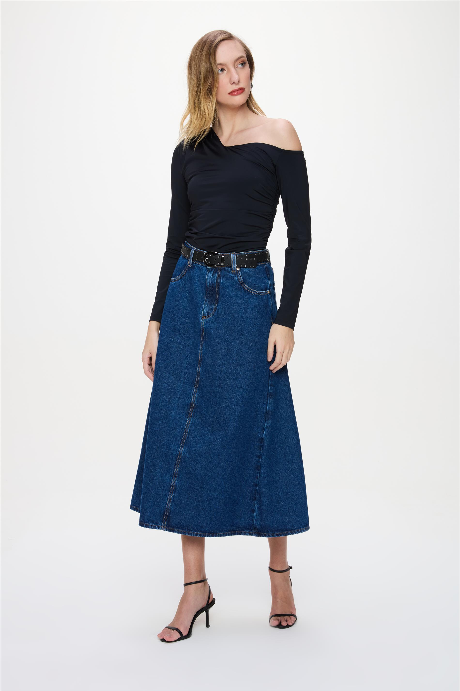 Saia Jeans Midi Recortes