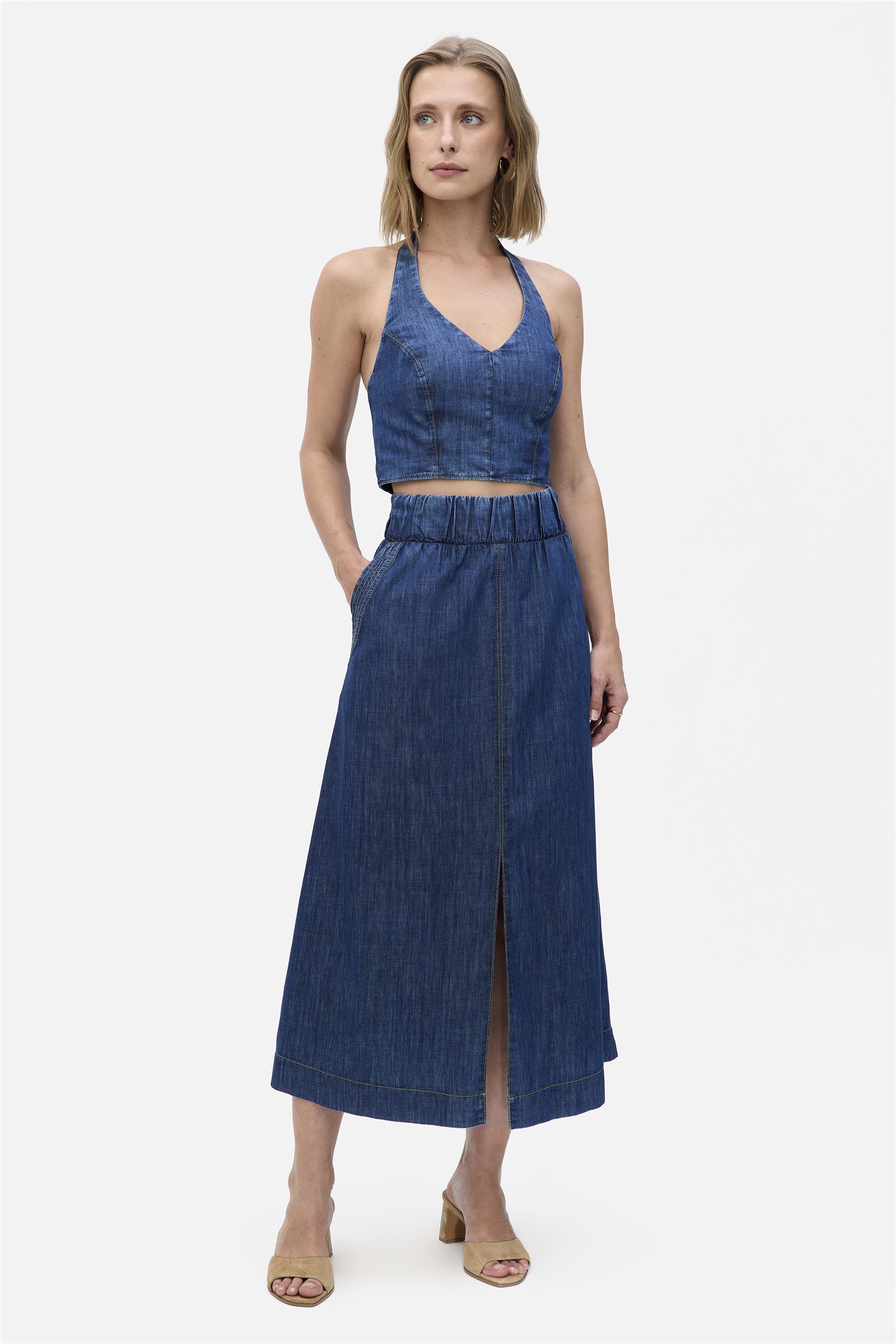 Saia Jeans Longa com Elástico no Cós