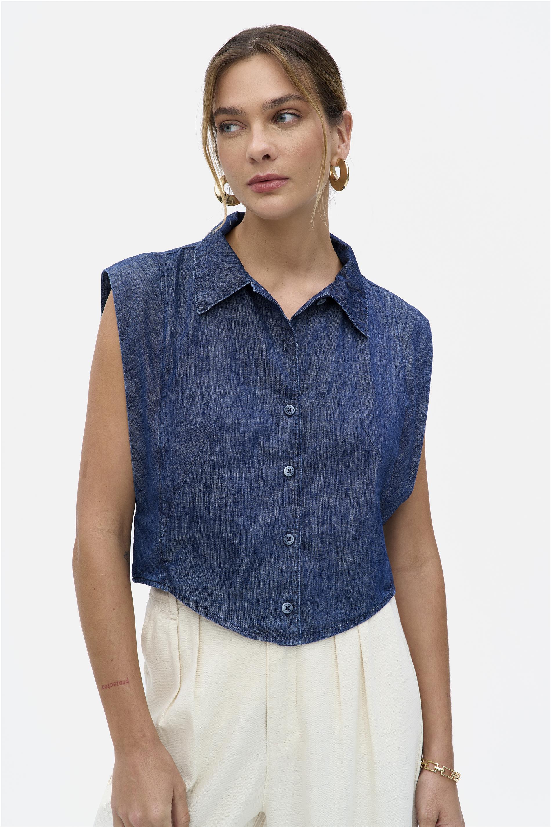 Camisa Jeans Feminina Sem Mangas