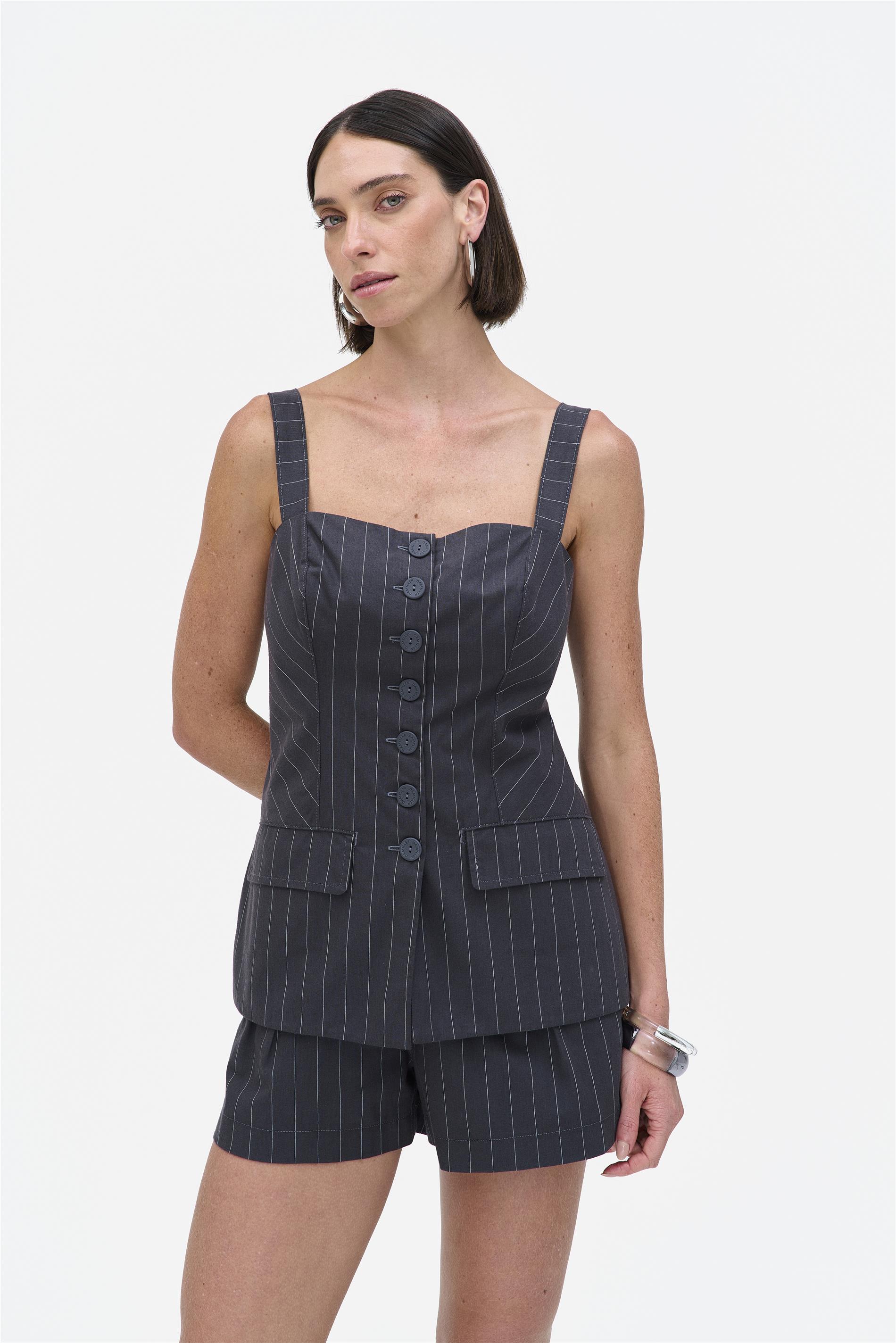 Blusa Corset com Botões Risca de Giz