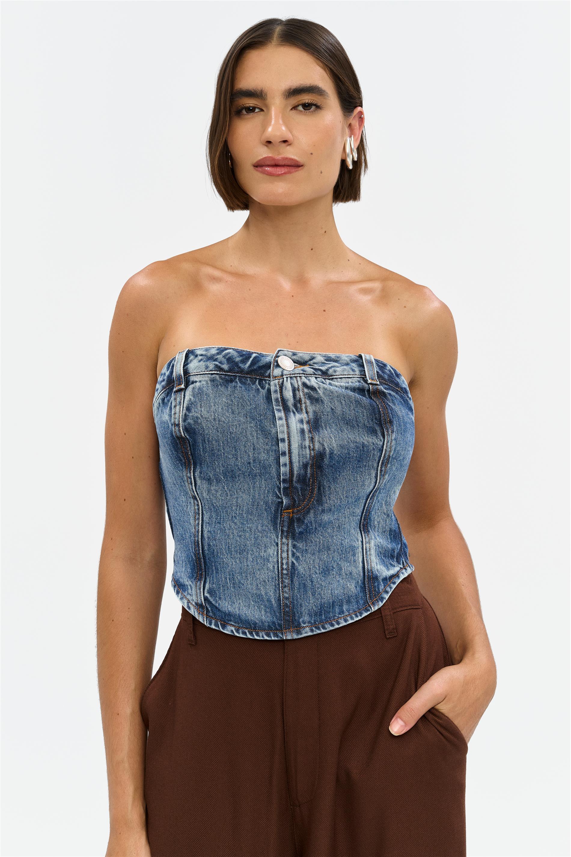 Top Jeans Curto Visual Retrô