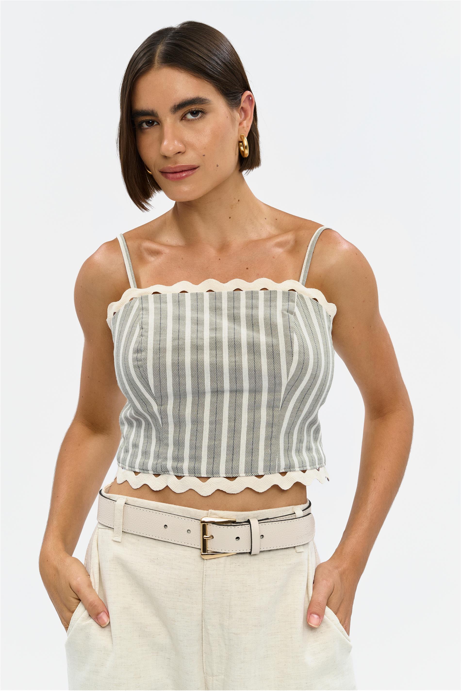 Blusa Corset Listrada Linho e Viscose