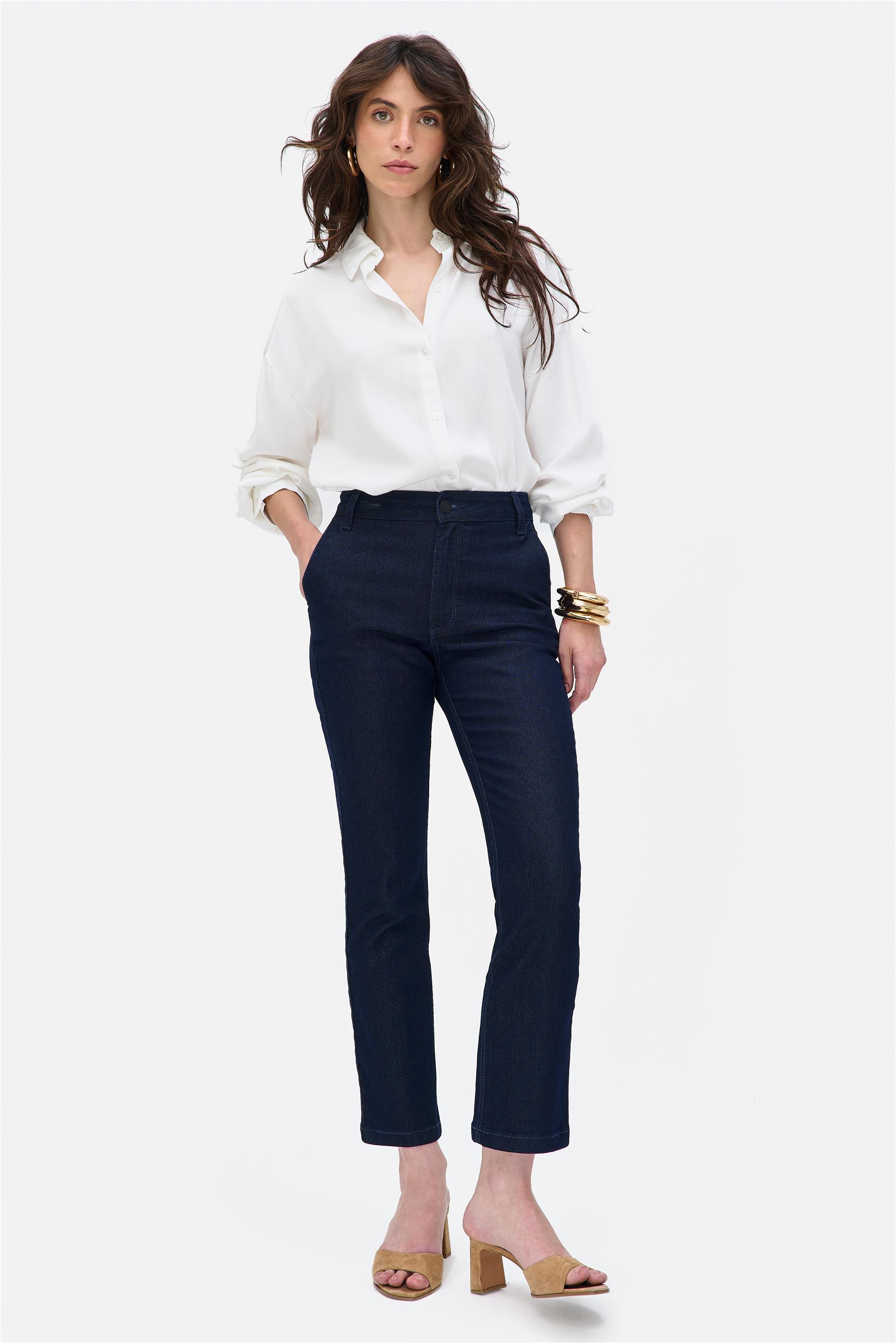 Calça Reta G5 Cropped Escura Bolsos Faca