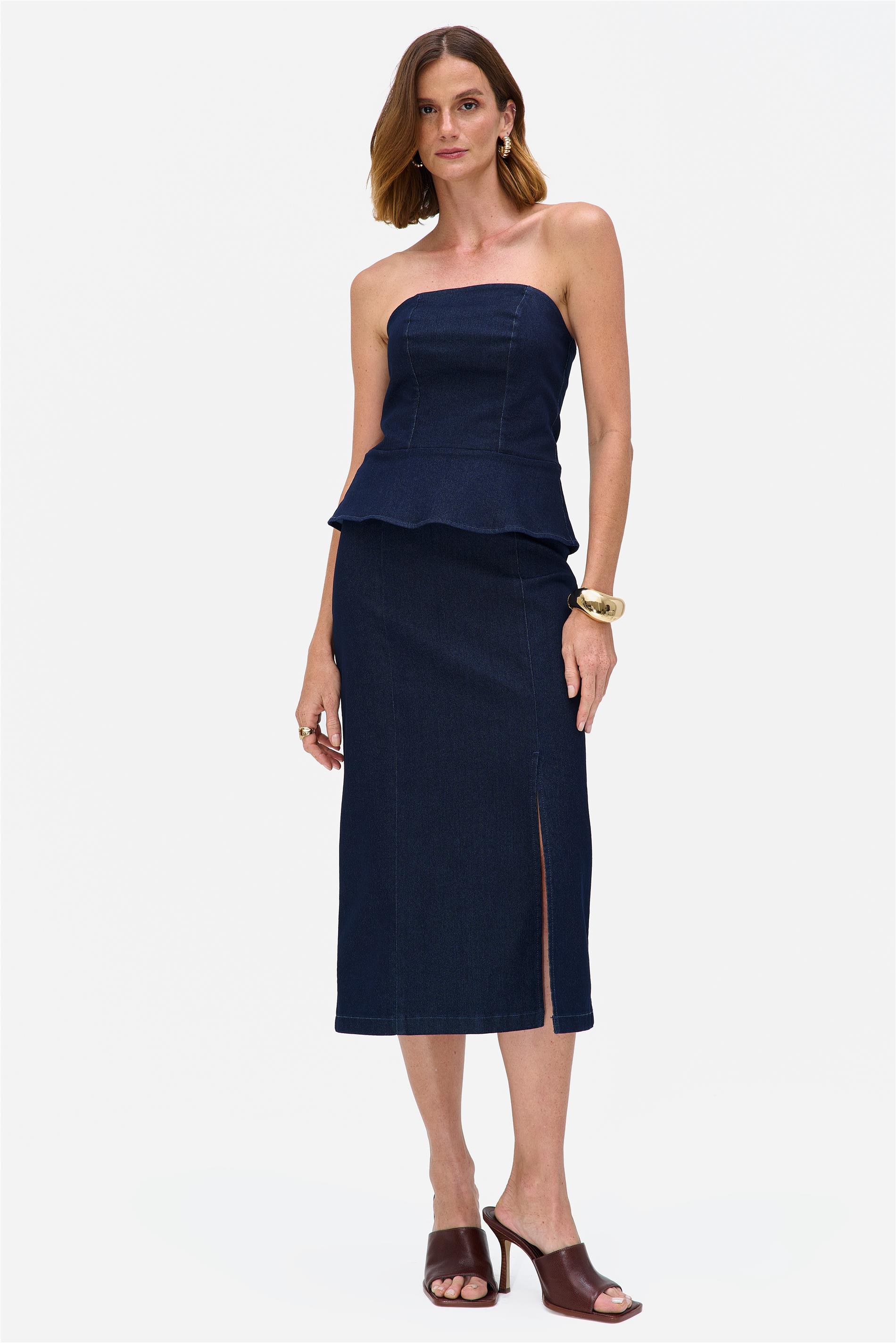 Saia Jeans Midi com Recortes e Zíper