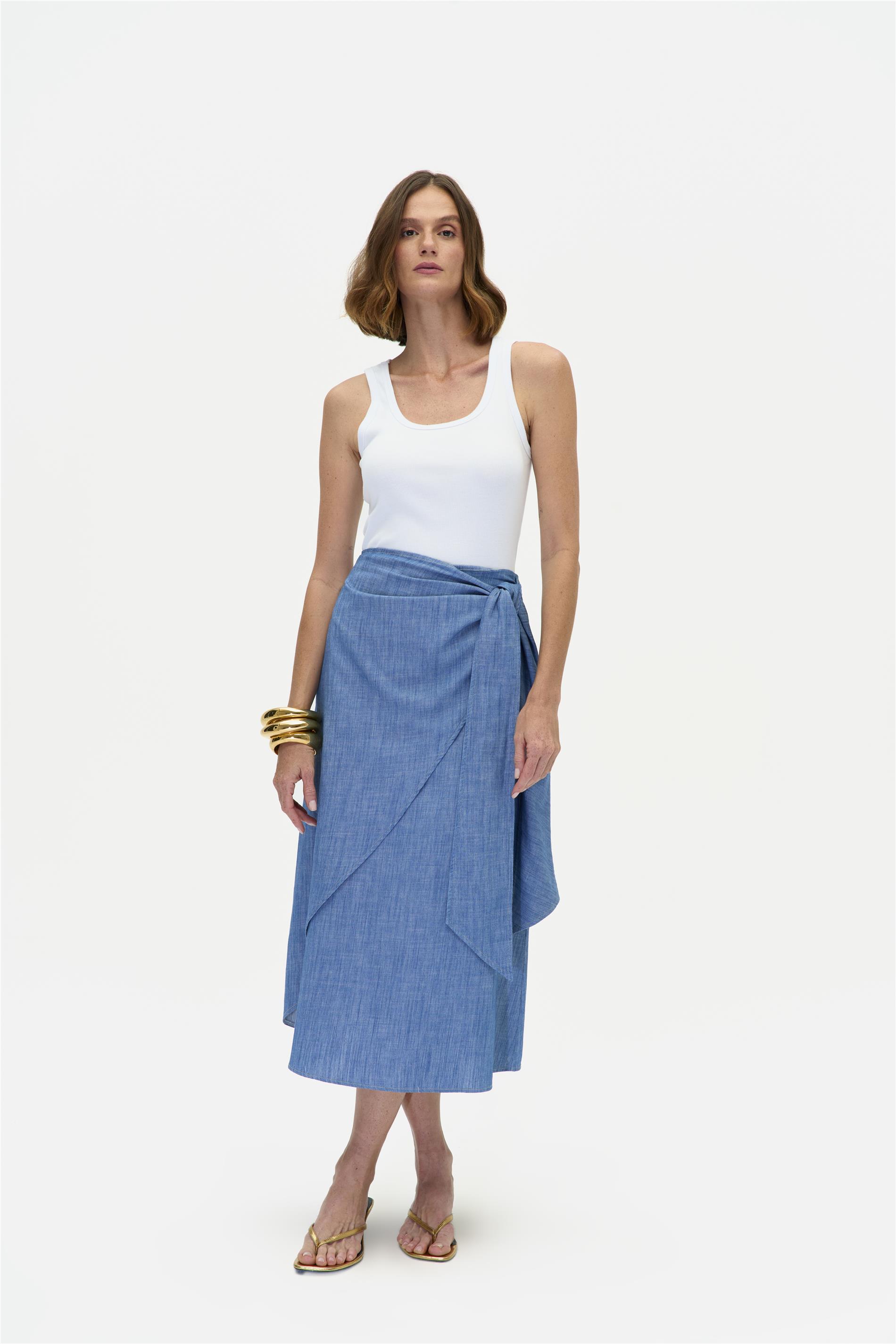 Saia Midi Jeans com Transpasse Frontal