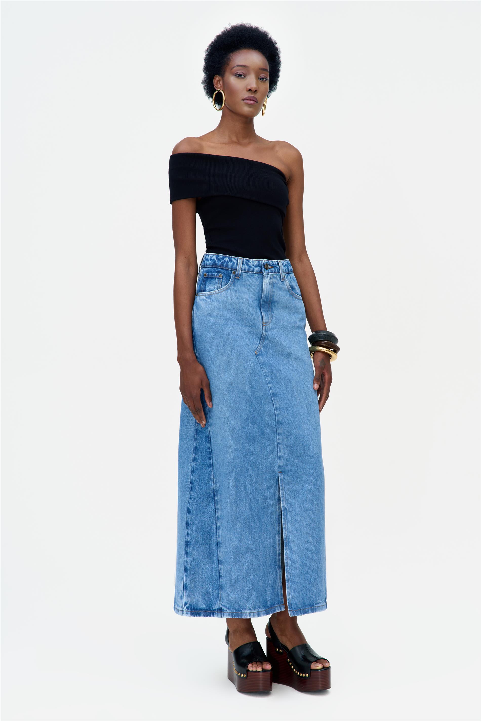 Saia Longa Jeans Claro Recortes