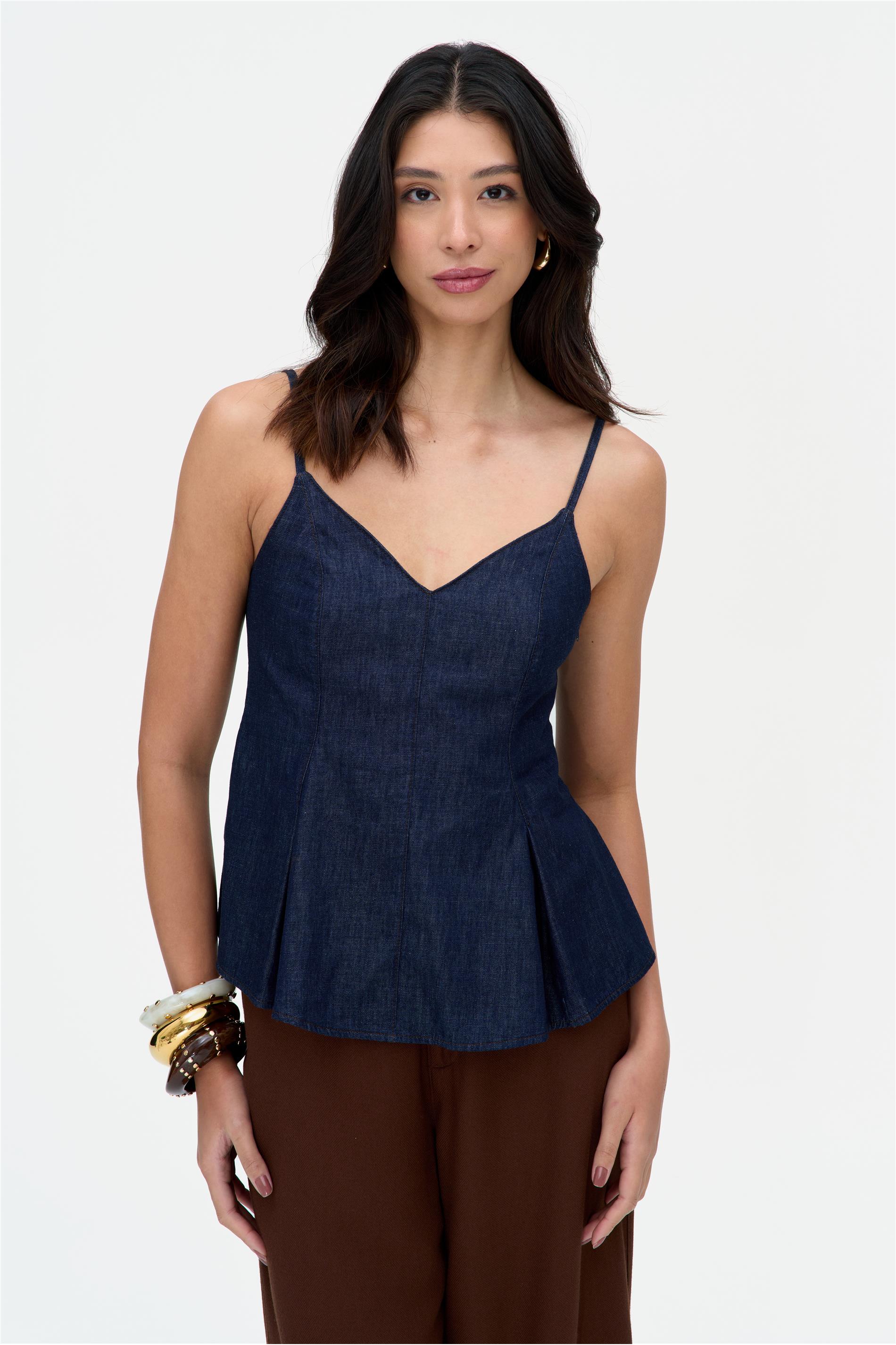 Blusa Jeans Corpete com Alças Finas