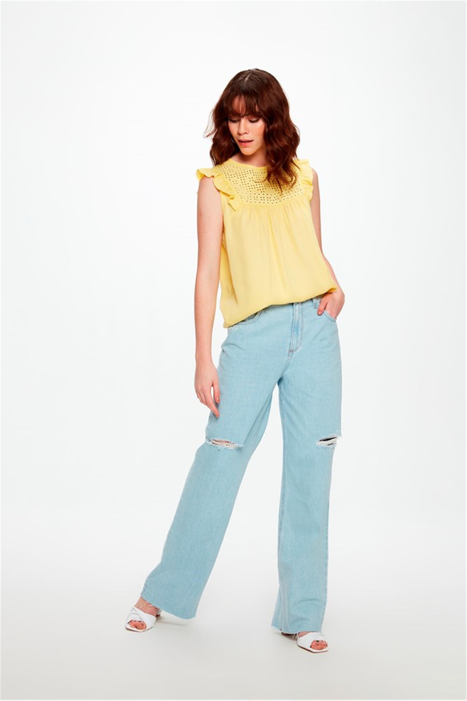 Calça Jeans Claro Wide Leg com Rasgos