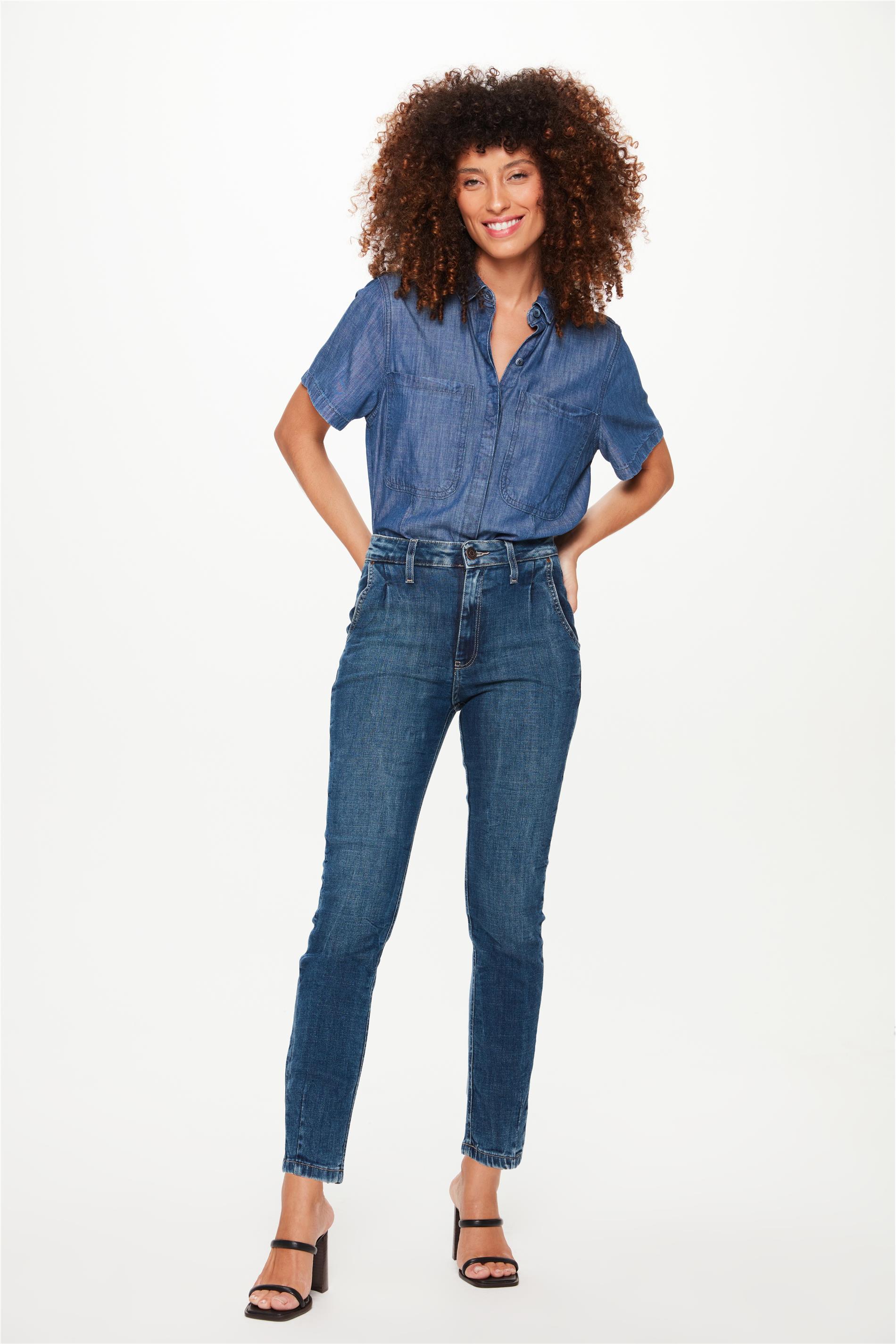Calça Jeans Escuro Slim com Pregas