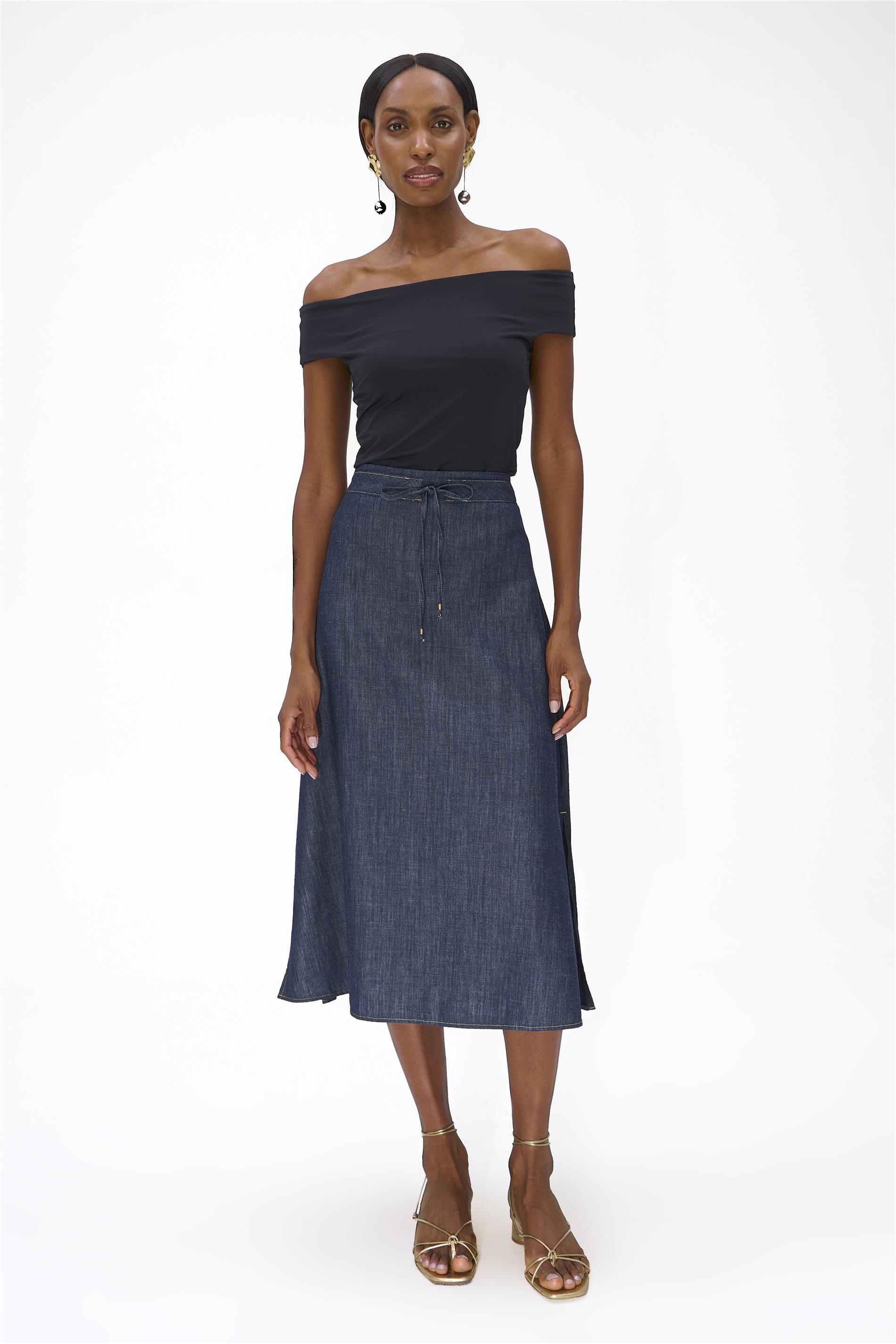 Saia Midi Jeans Ajustável com Linho