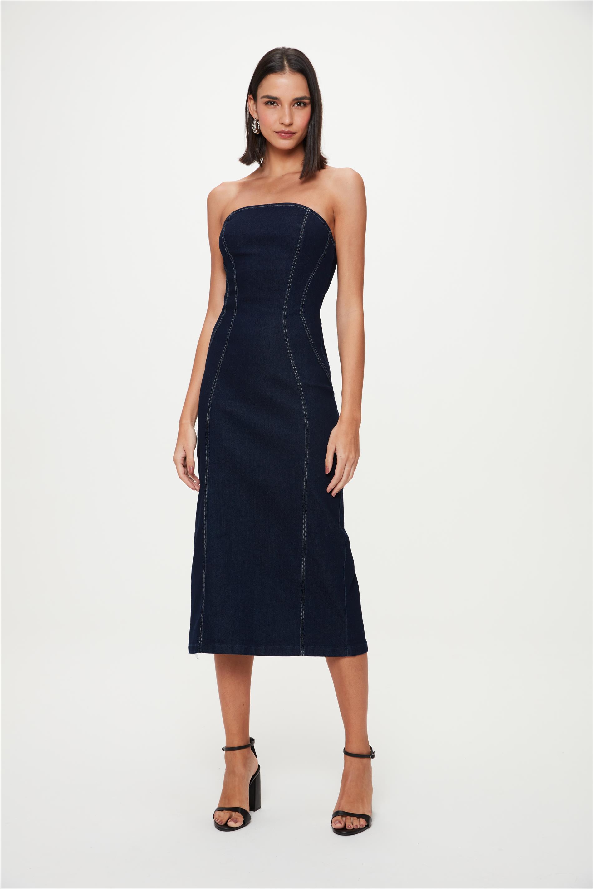 Vestido Midi Jeans Justo Escuro
