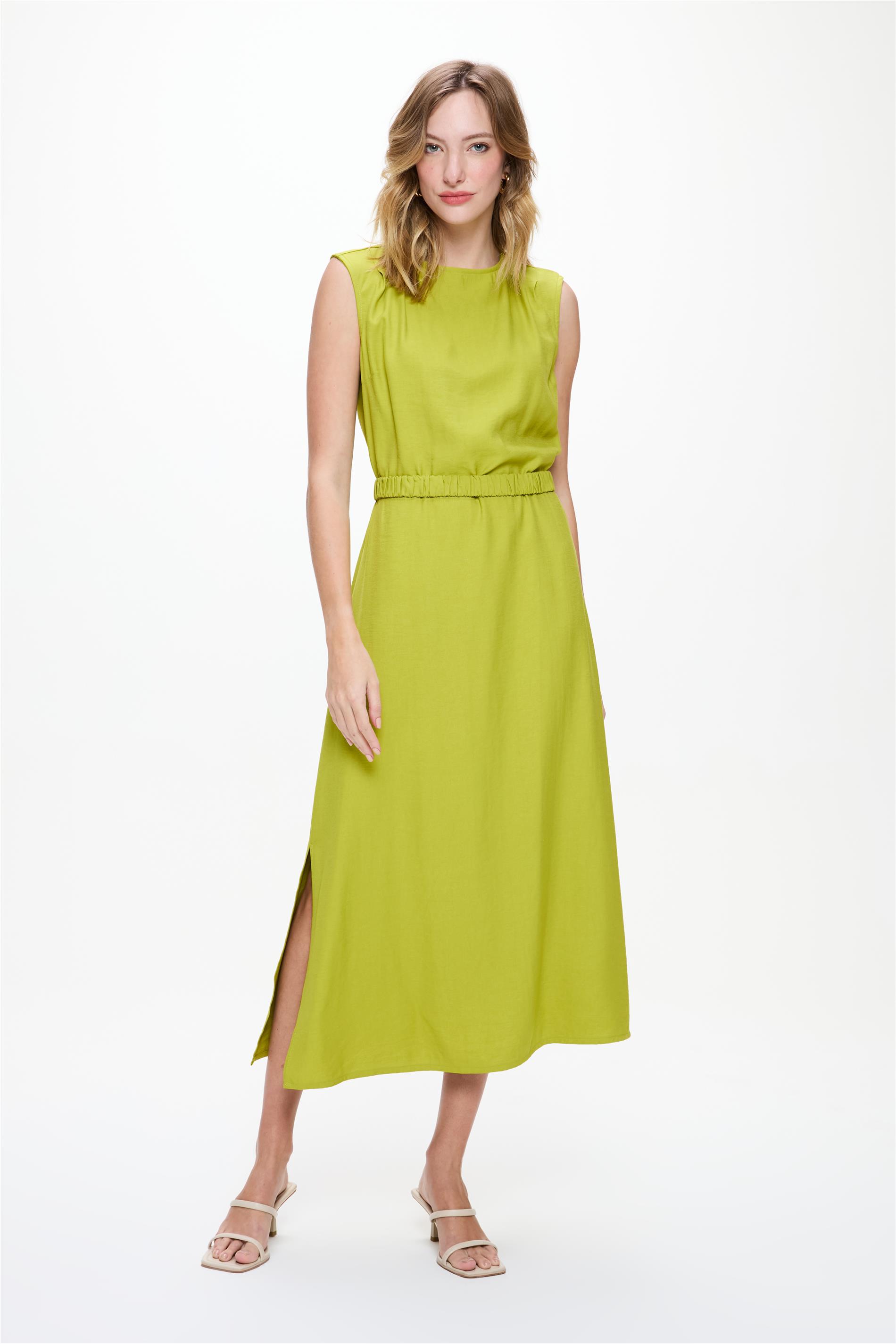 Vestido Midi sem Mangas Cinto Elástico