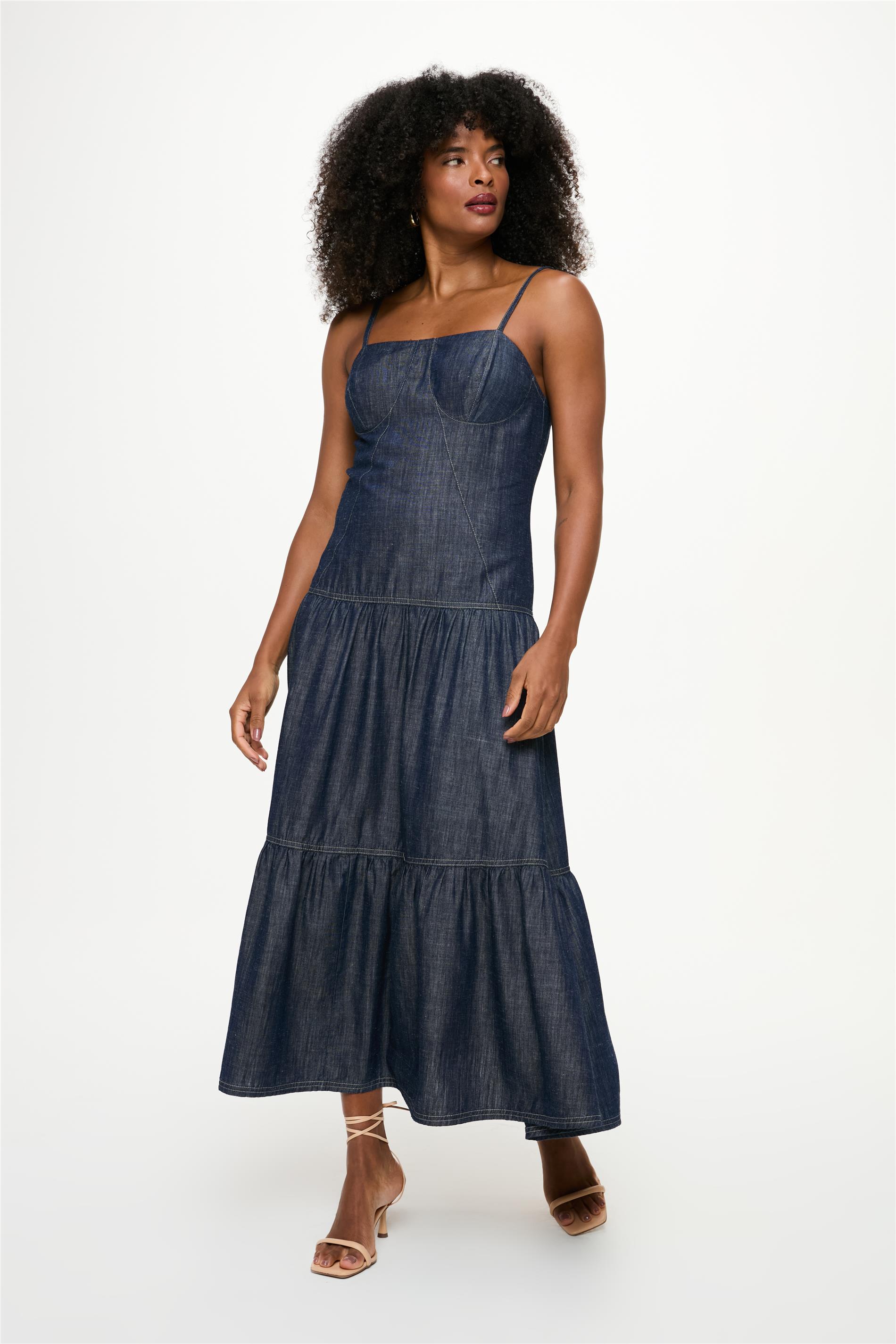 Vestido Jeans Midi Solto com Zíper