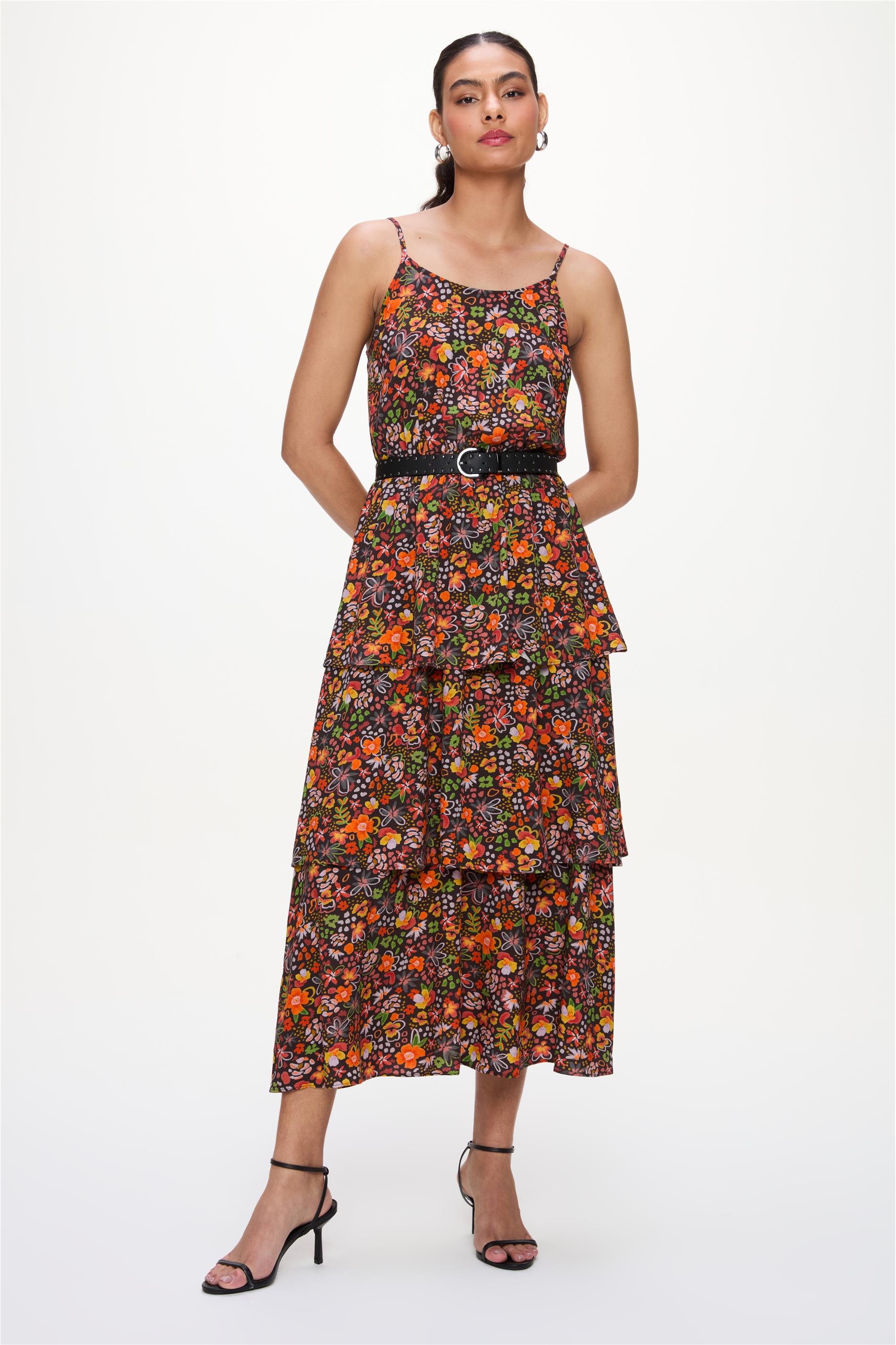 Vestido Midi Floral Fundo Escuro