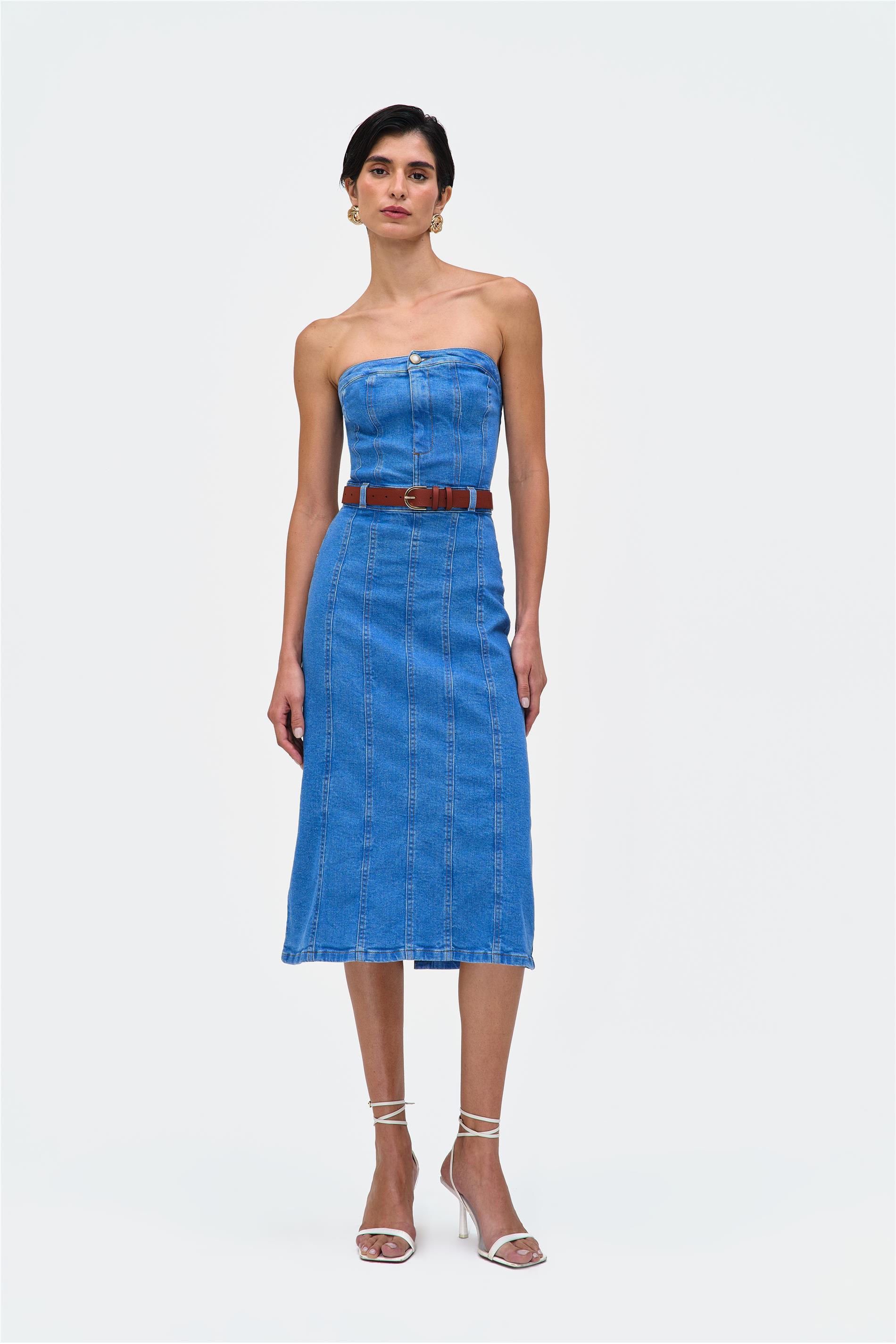 Vestido Jeans Midi Recortes com Zíper