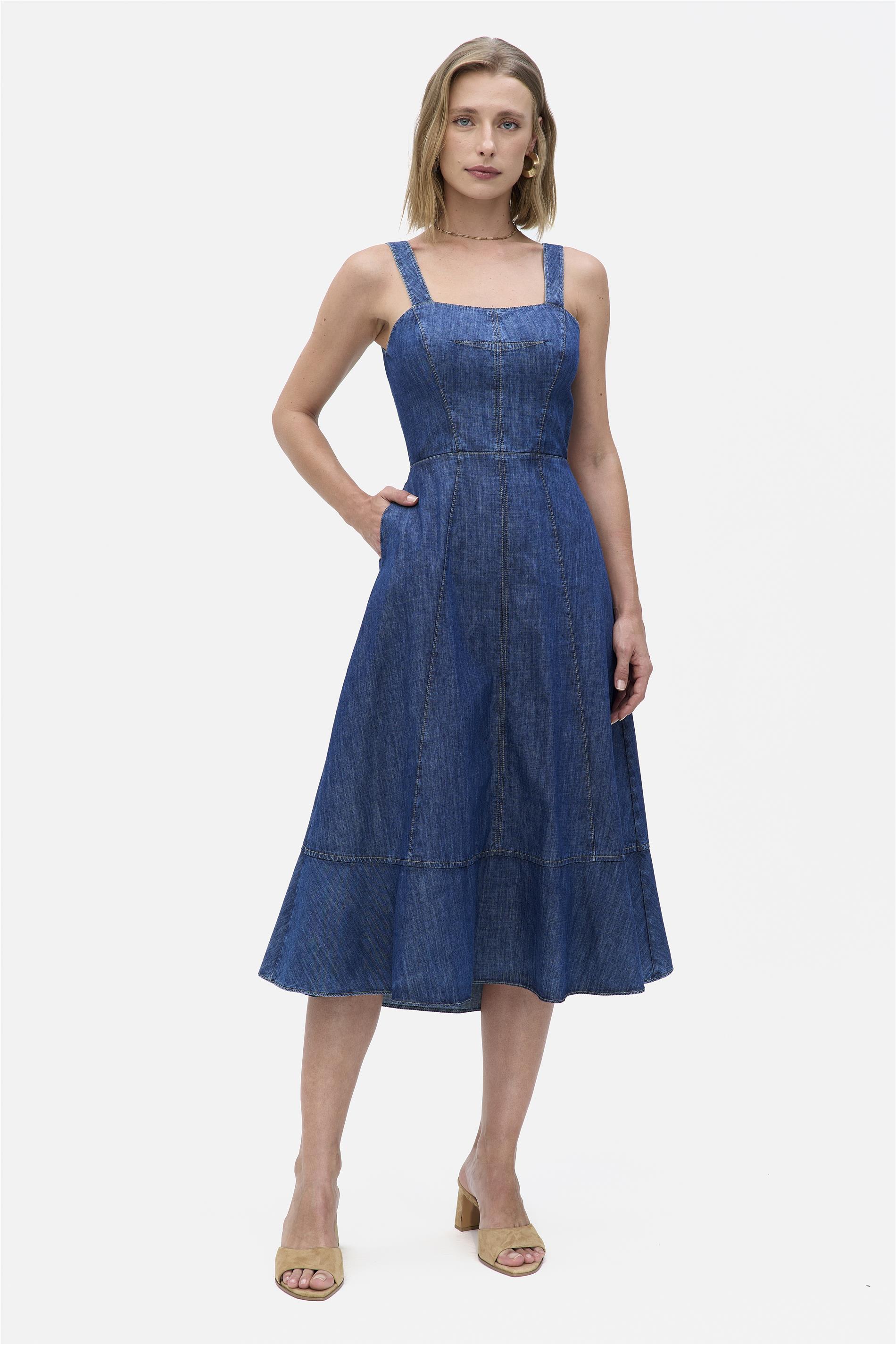 Vestido Jeans Midi com Amarração
