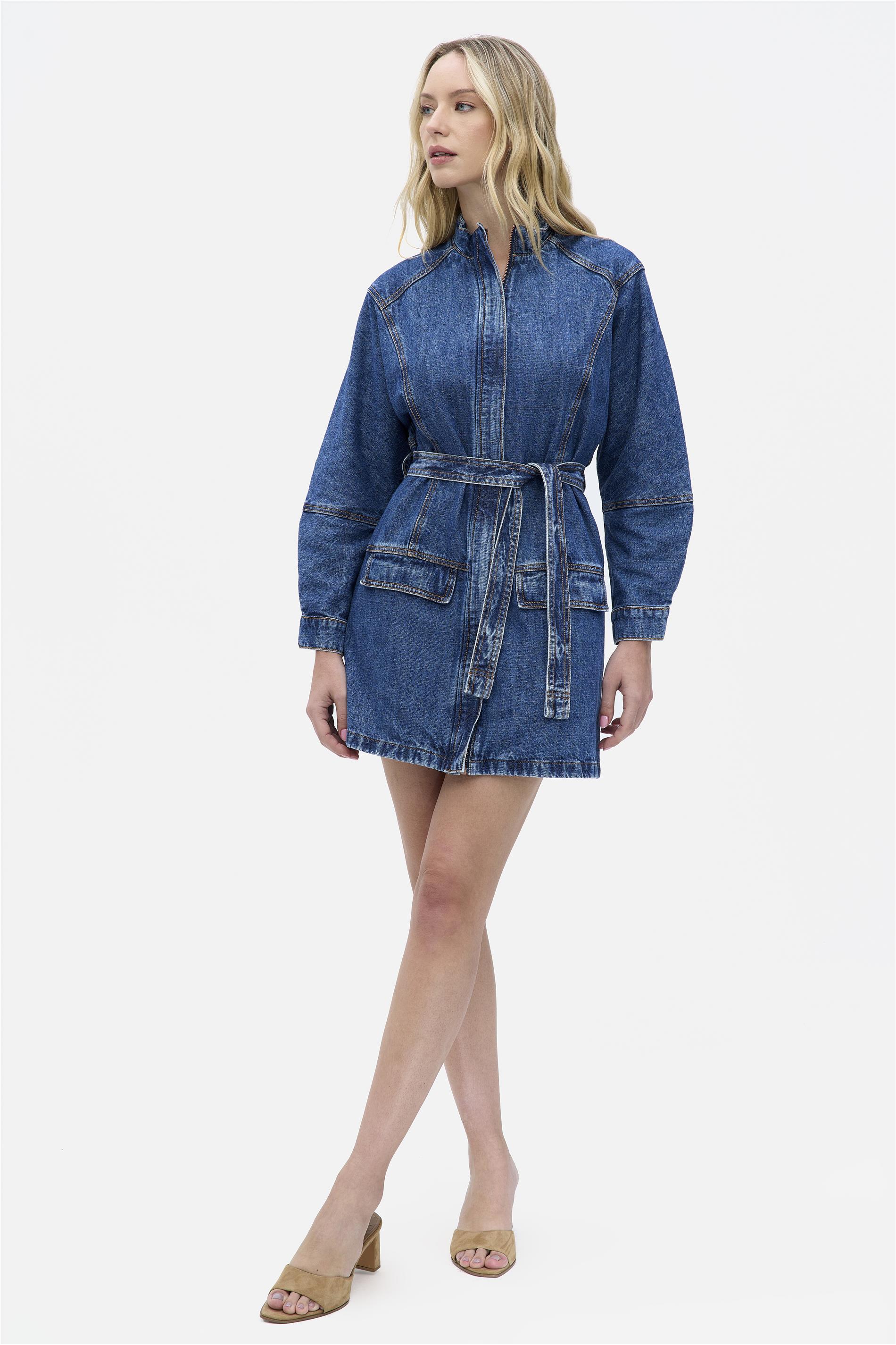 Vestido Jeans Mini Recortes com Faixa