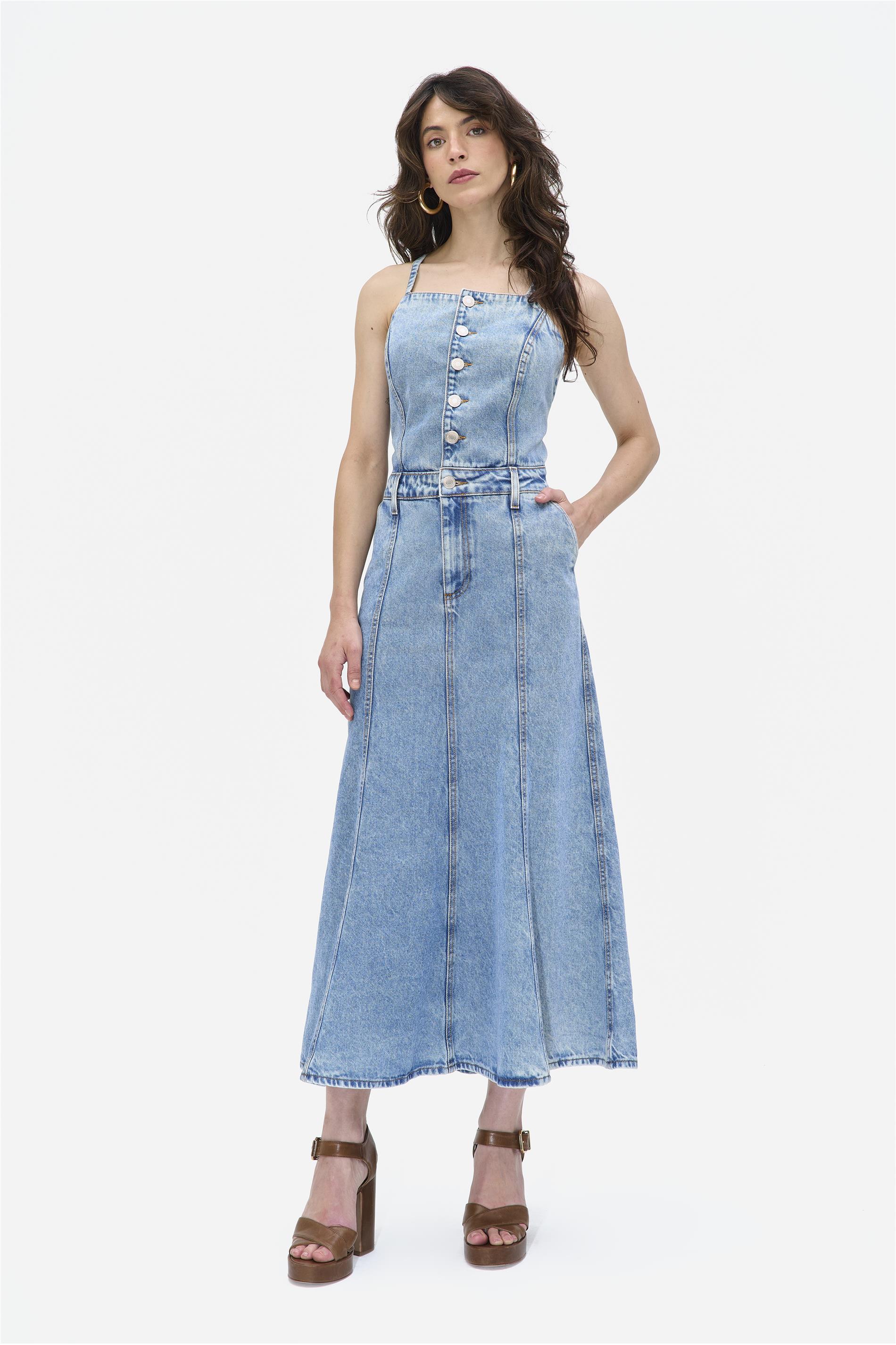 Vestido Jeans Longo Claro com Botões
