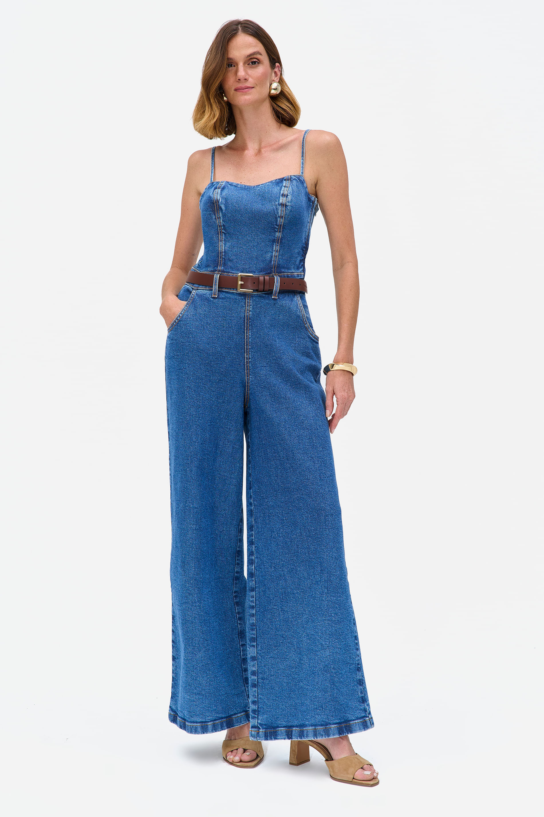 Macacão Jeans Longo Fecho Zíper