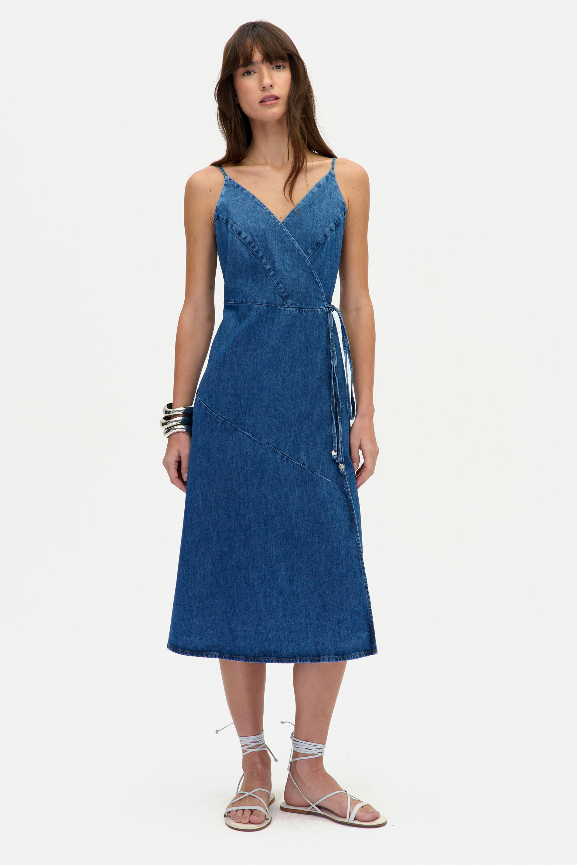Vestido Jeans Midi com Alças