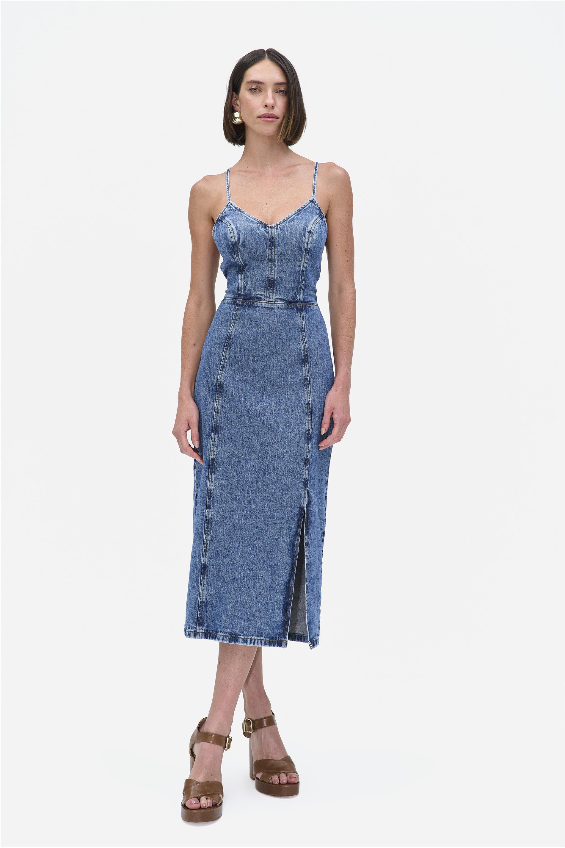 Vestido Jeans Midi Alças Cruzadas