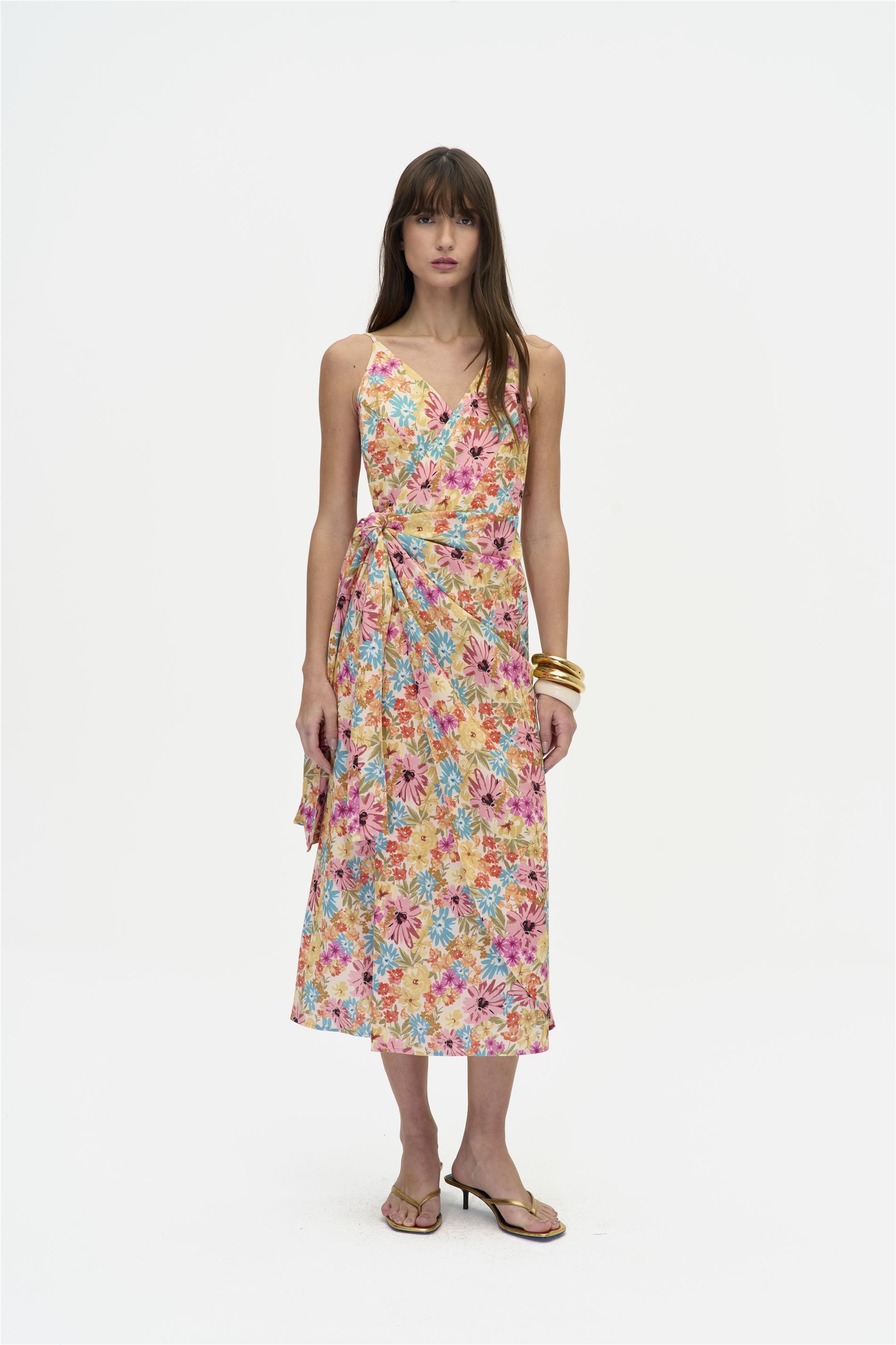 Vestido Feminino Midi Linho Floral