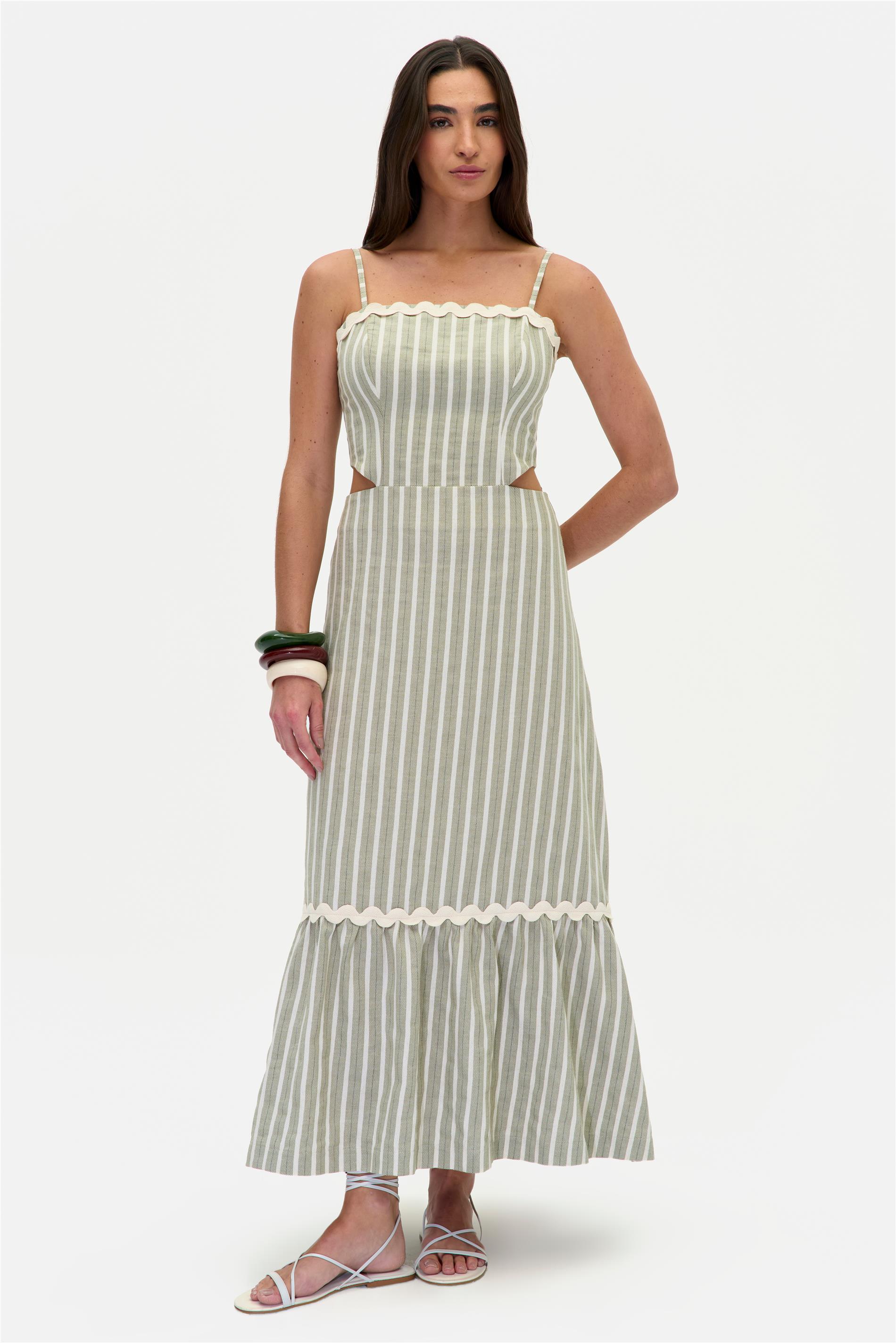 Vestido Longo Listrado Linho e Recortes