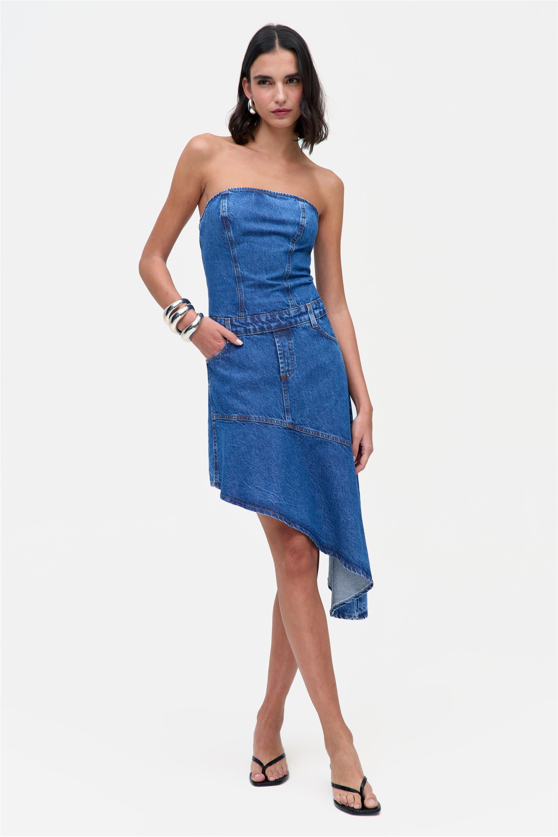 Vestido Jeans Midi Encorpado sem Mangas