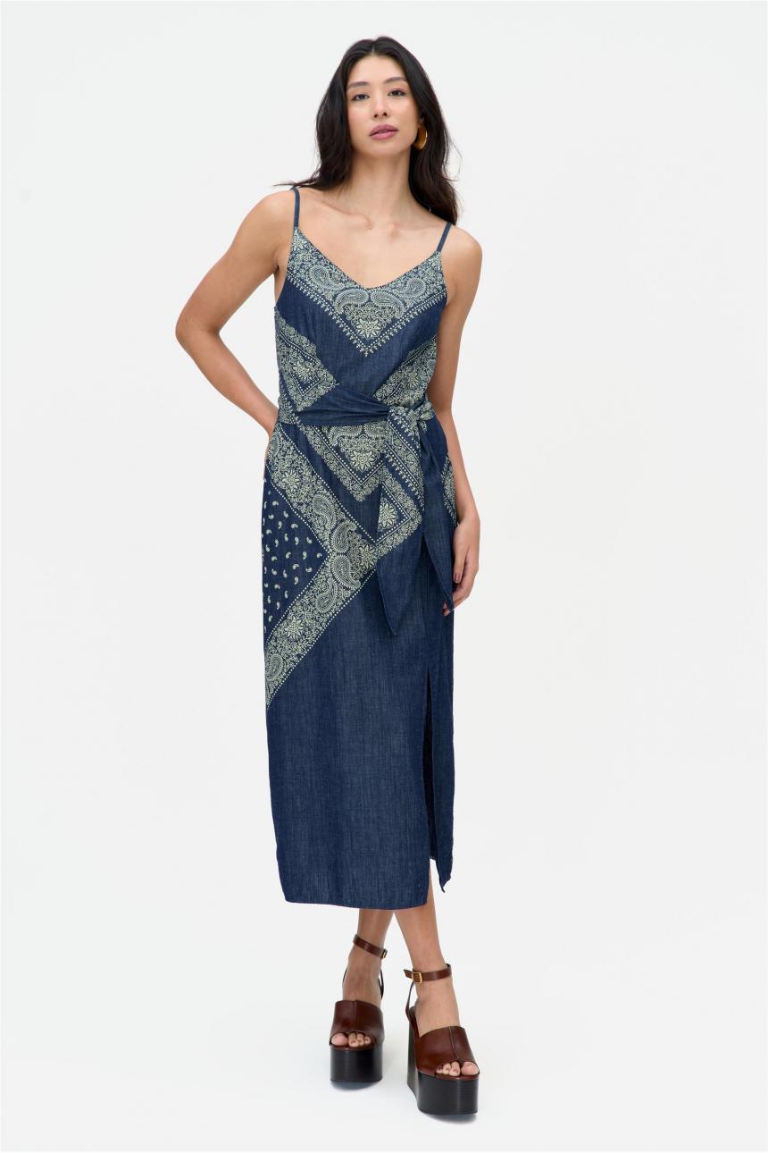 Vestido Midi Jeans Escuro Estampado