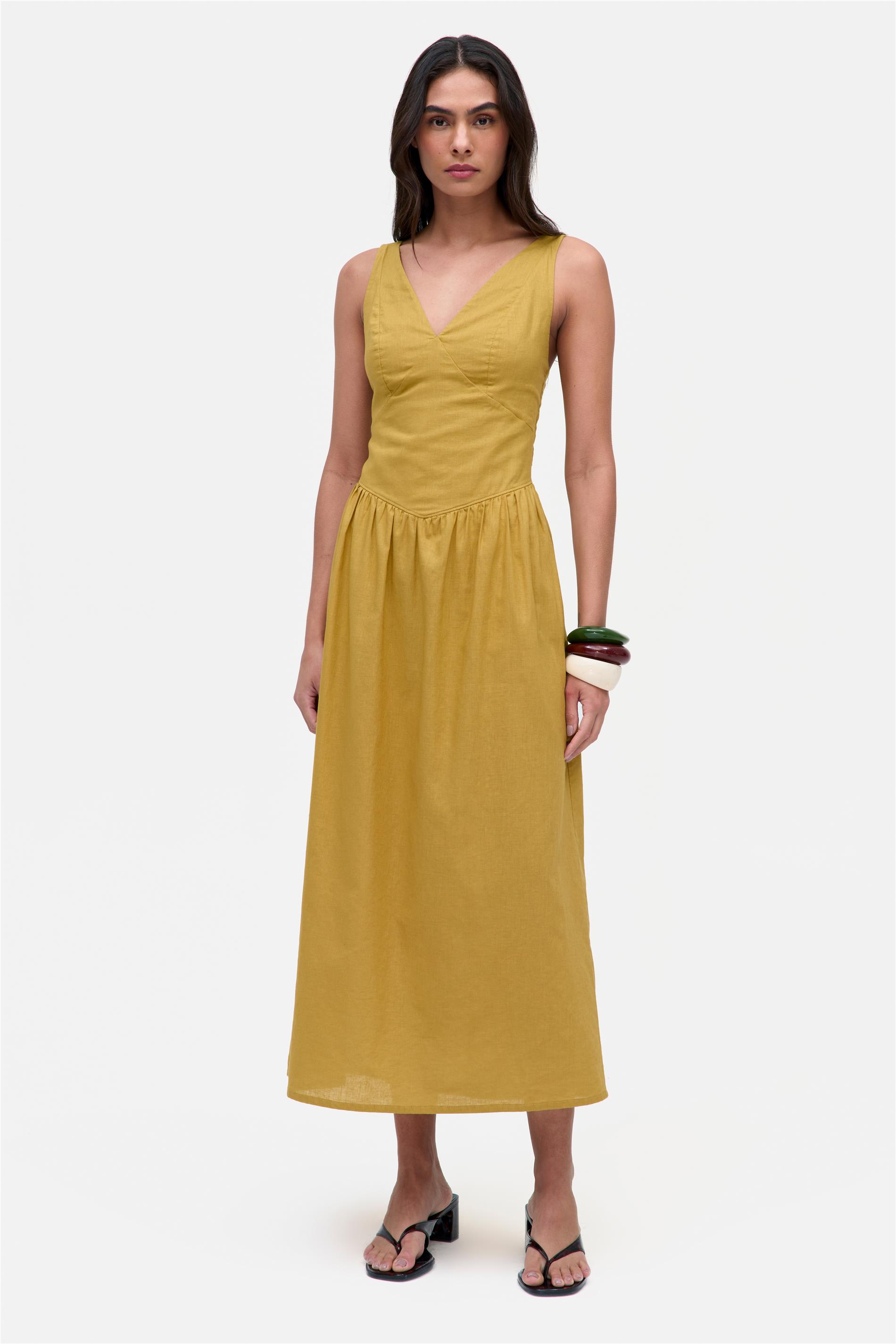 Vestido Longo Saia Franzida Linho