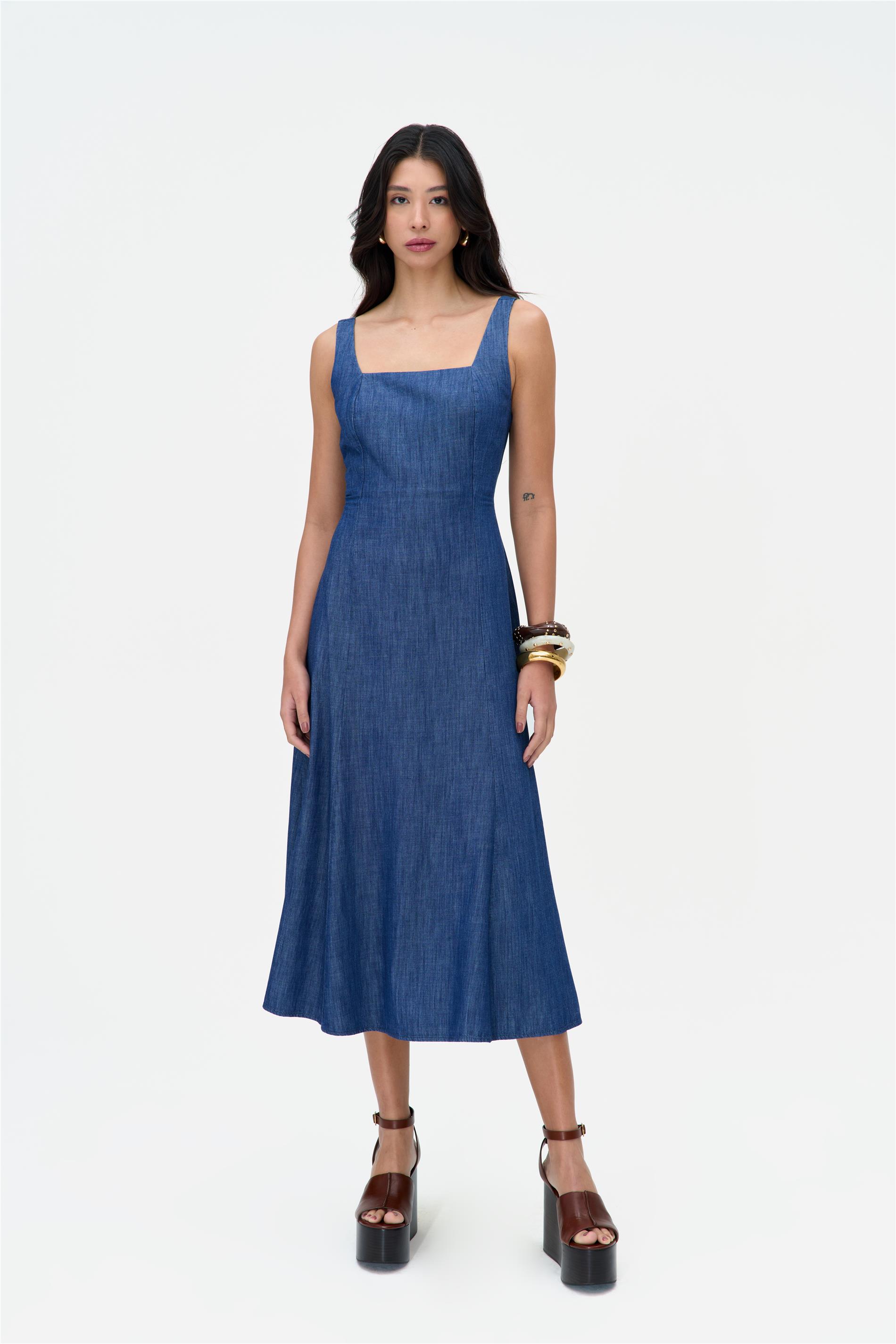 Vestido Jeans Midi Recortes Frontais